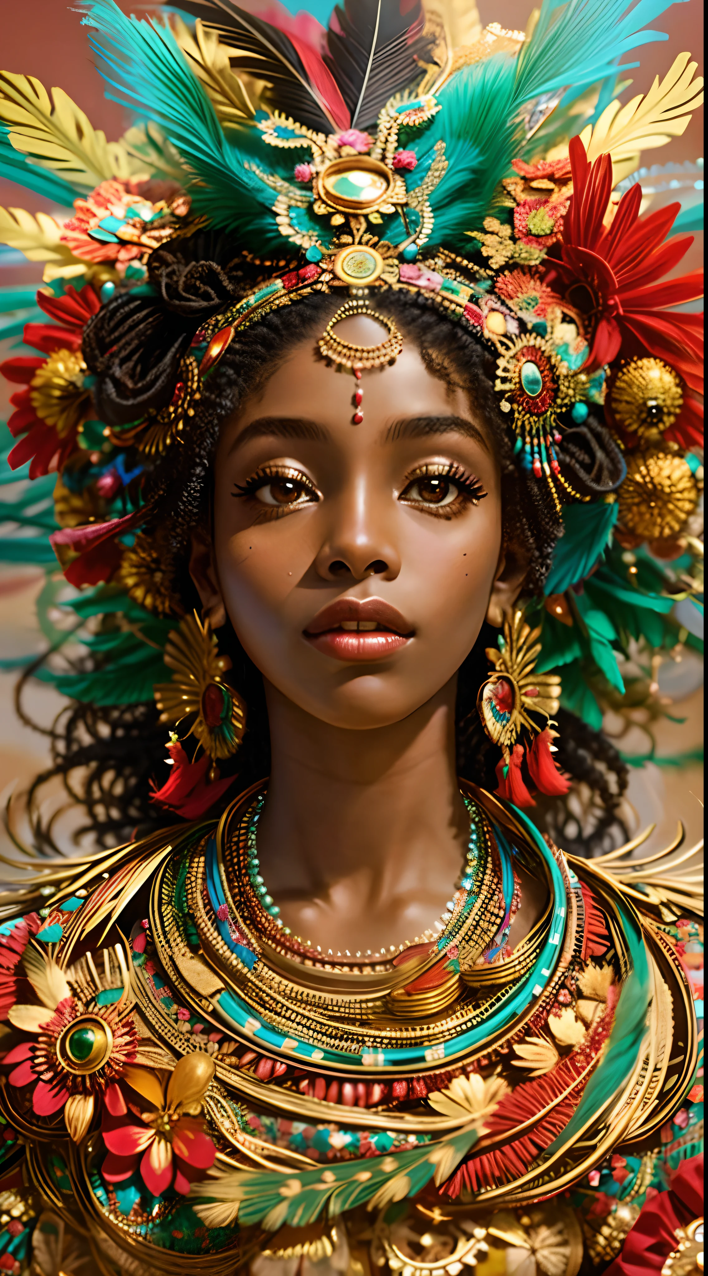 a woman with a colorful headdress and feathers on her head, Princesa africana deslumbrante, Princesa negra africana, pele escura deusa feminina do amor, mulher linda, mulher africana, Rainha africana, Afrofuturista, Afrofuturista, arte linda, foto de uma mulher negra, mulher negra, Um retrato impressionante de uma deusa, beautiful portrait, mulher jovem negra, retrato impressionante, Artes Africanas