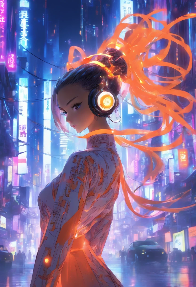 1 girl, Chinese_clothes, white and orange, cyberhan, cheongsam, cyberpunk city, dynamic pose, glowing headphones, glowing hair accessories, long hair, glowing earrings, glowing necklace, cyberpunk, high-tech city, full of mechanical and futuristic elements, futuristic, technology, glowing neon, orange, orange light, transparent tulle, transparent streamers, laser, digital background urban sky, big moon, with vehicles, best quality, masterpiece, 8K, character edge light, super high detail, High quality, the most beautiful woman in man, smiling slightly