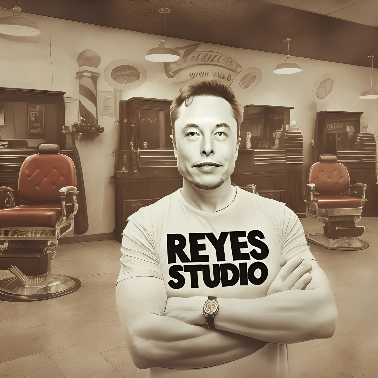 Gere uma imagem digital de Elon Musk em uma pose confiante, arms crossed, Wearing a black t-shirt with the inscription "MARKETING PARA BARBEIRO" no peito. O fundo da cena deve representar uma verdadeira barbearia., with characteristic elements, Like a Classic Vintage Barber Chair, Espelhos Antigos, and traditional décor details, epic realistic photography, hiper realista.