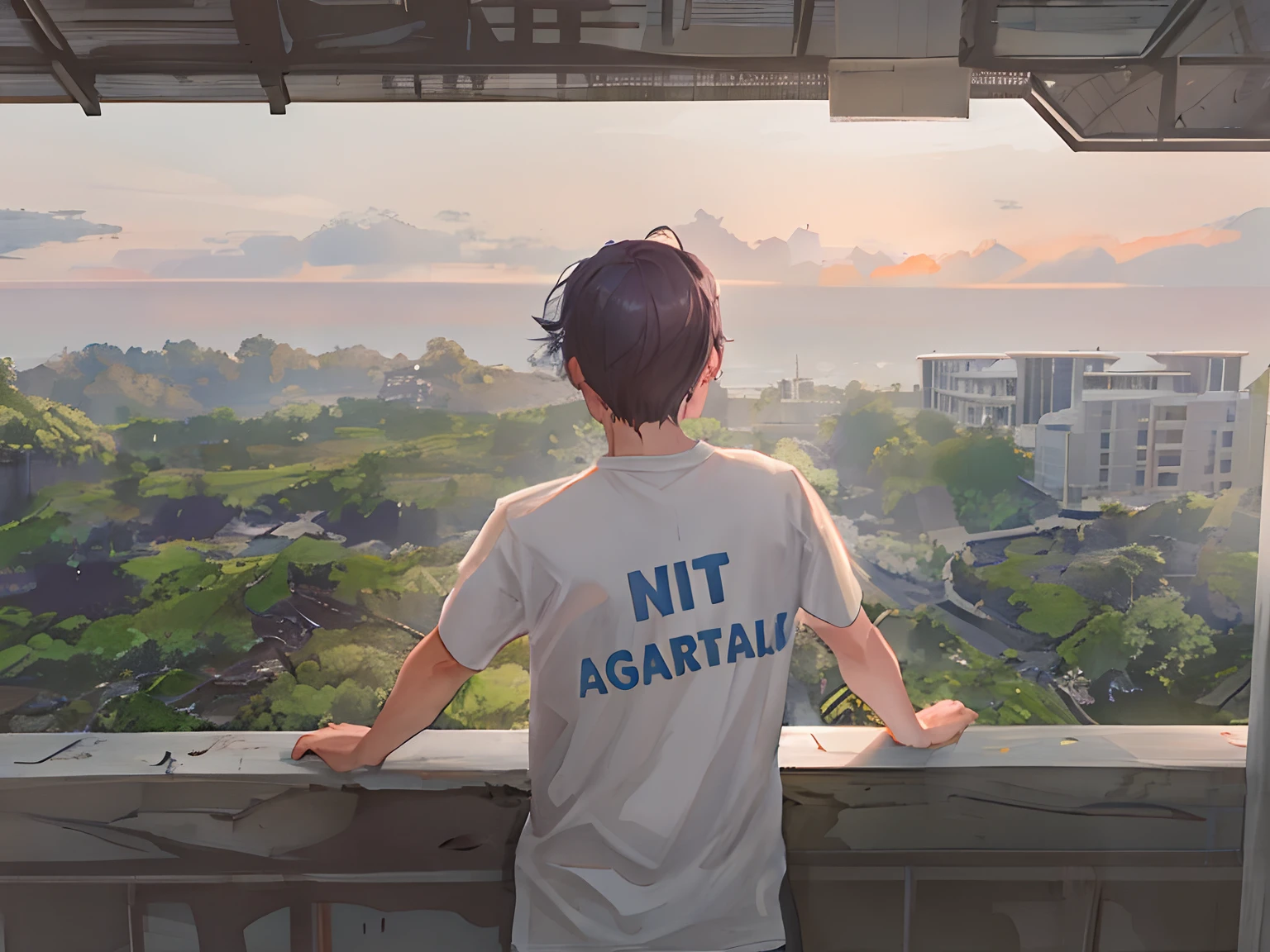 there is a man standing on a balcony looking out over a city, in tshirt, amidst nature, with a city in the background, against the backdrop of trees, chill time. good view, view from back, at college, arsitektur nusantara, in front of a forest background, wearing a t-shirt, nice view, visible from afar!!