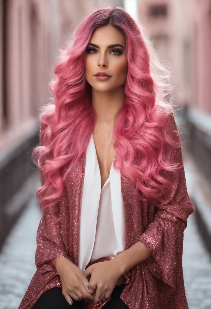 um close up de uma pessoa com cabelo rosa e um top preto, Cerveja Soft Devil Queen Madison, estrias cor-de-rosa brilhantes de cabelo, cabelo rosa, com cabelo rosa, Destaques rosa brilhante, longos cabelos coloridos brilhantes, long flowing pink hair, cabelo rosa longo, cabelos coloridos, flowing pink hair, estrias coloridas brilhantes de cabelo, Cabelos Coloridos, cabelo rosa claro com chamas cor-de-rosa