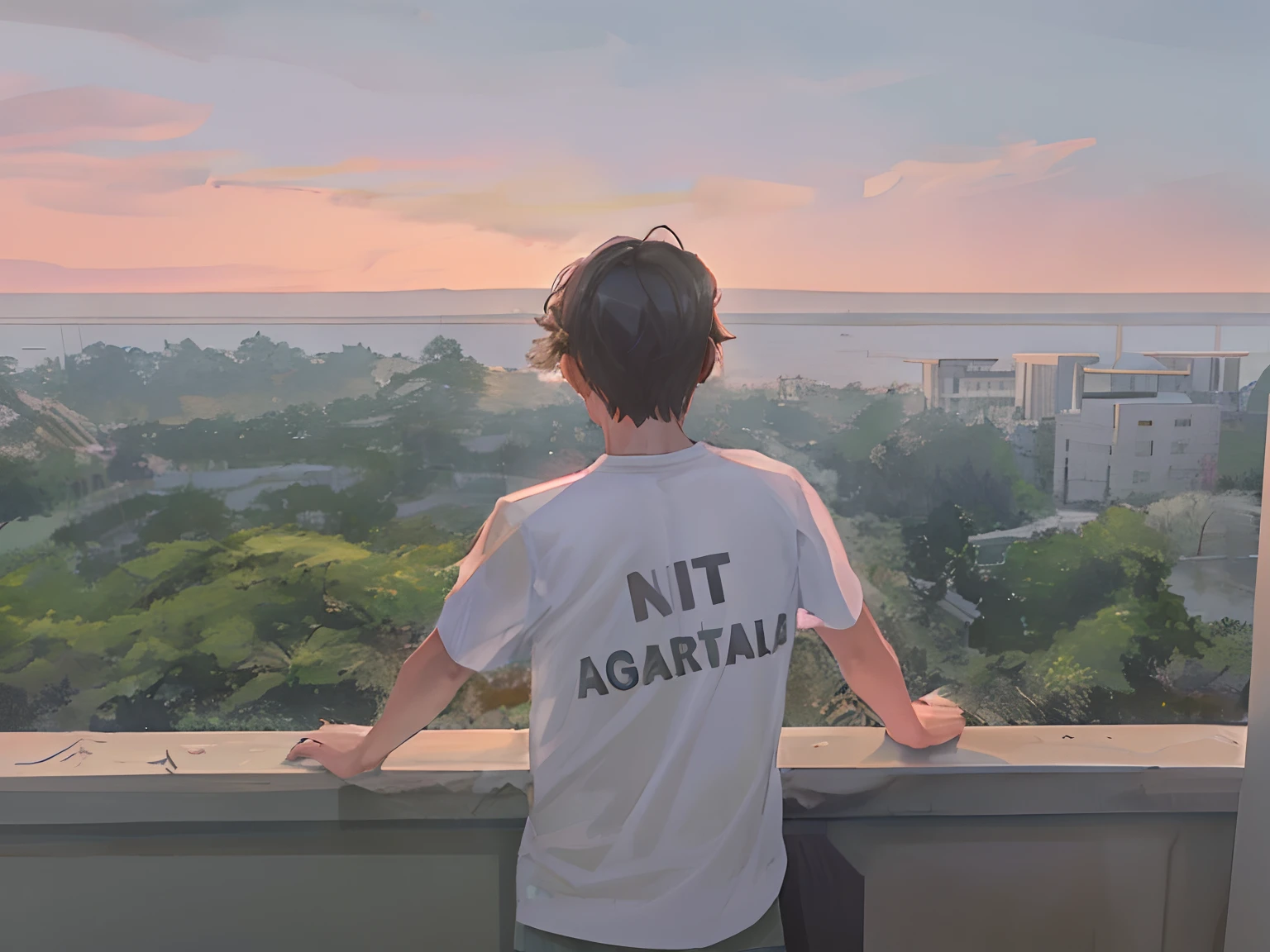 there is a man standing on a balcony looking out over a city, in tshirt, amidst nature, with a city in the background, against the backdrop of trees, chill time. good view, view from back, at college, arsitektur nusantara, in front of a forest background, wearing a t-shirt, nice view, visible from afar!!