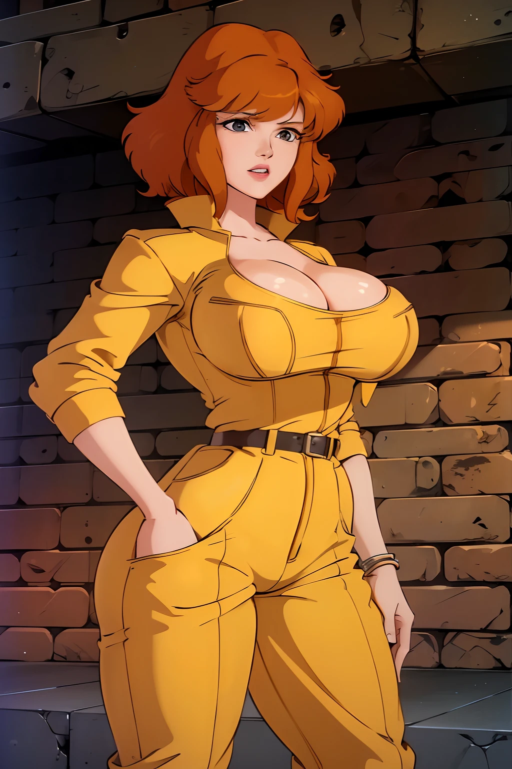 Cowboy shot, April O'Neill, 1980s \(style of\), 1girl, Muscular girl, brown hair, orange hair, retro artstyle, Short hair, Yellow jumpsuit, Hip jumper suit, Huge_TITTIES, big biceps, cleavage