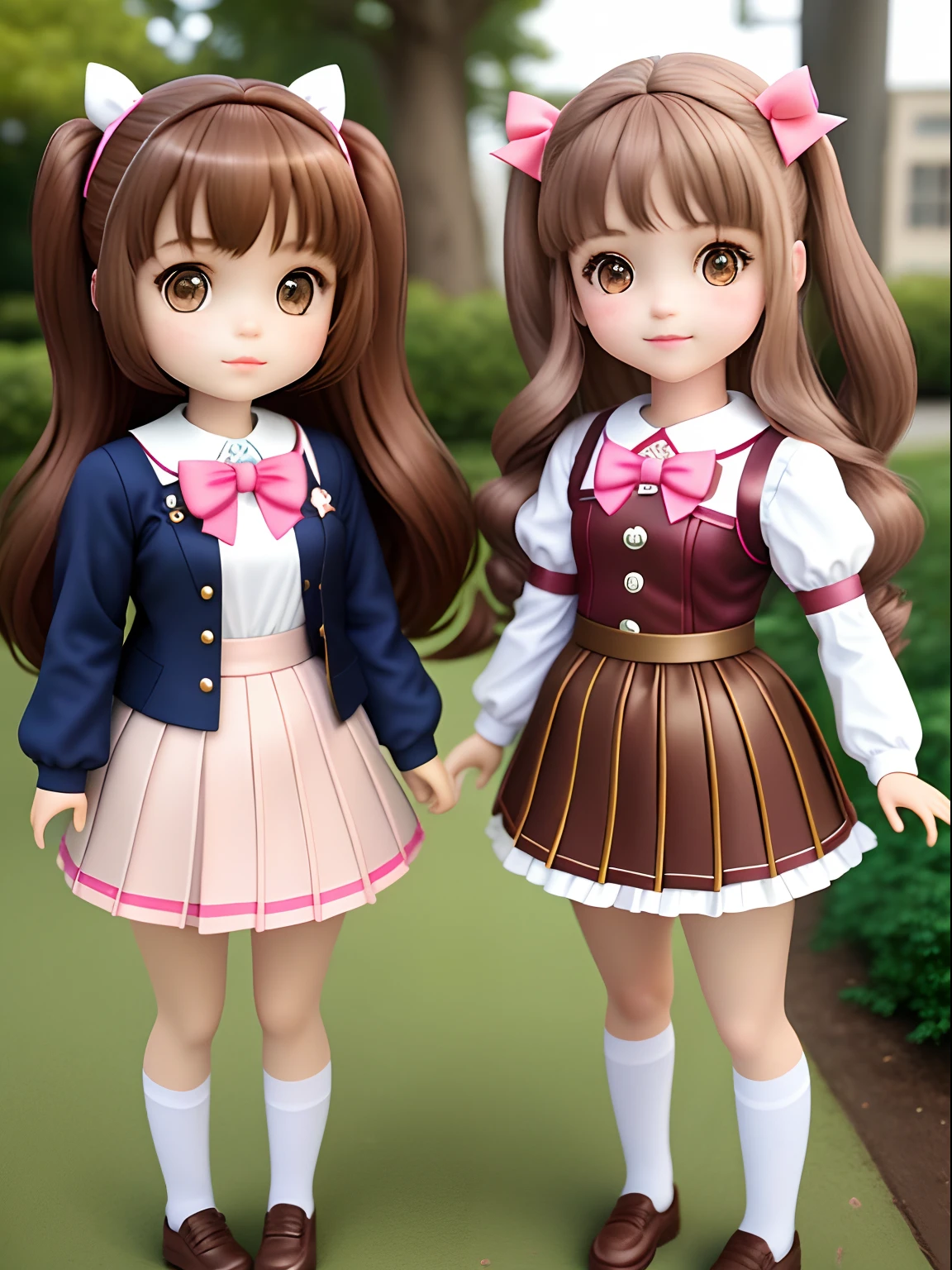 2girls, sisterhood, Magical_girl, Two-tone hair, Live action,Brown hair、kawaii、Doll-like、School uniform,Random Poses、up looking:1.3
