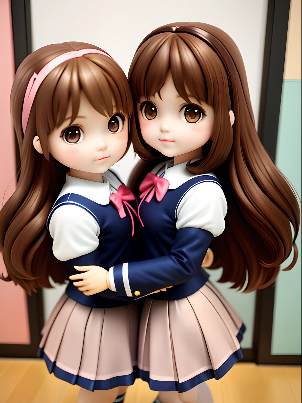 2girls, sisterhood, Magical_girl, Two-tone hair, Live action,Brown hair、kawaii、Doll-like、School uniform,Random Poses、up looking:1.3