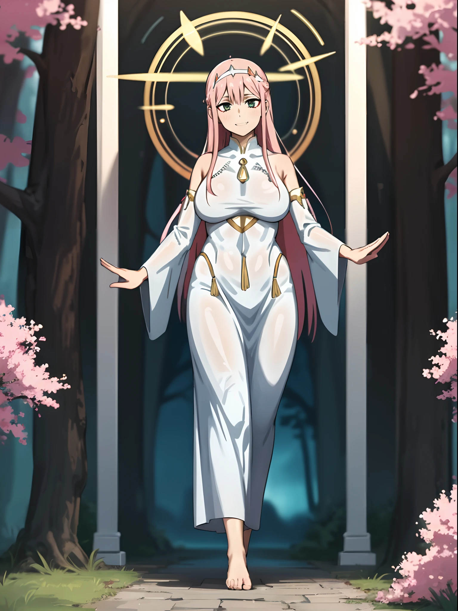 Zero Two, dress, sun halo, holy, smile, medium breast, priestess, full body, walking, divine aura, sun halo, solar halo, long skirt, porcelain skin, ethereal, graceful movement, flowing golden hair, radiant beauty, enchanting gaze, serene expression, soft sunlight, angelic presence, celestial atmosphere, mystical background, celestial light, glowing halo, gentle breeze, ethereal glow, captivating aura, divine radiance, natural beauty, sublime elegance, heavenly charm, peaceful countenance, harmonious surroundings, ethereal grace, mesmerizing presence, transcendent allure, magical serenity, serene and majestic, radiant happiness, heavenly enchantment, delicate features, elegant posture, celestial maiden, otherworldly presence, serene and ethereal, divine embodiment, celestial being, spiritual tranquility, mesmerizing beauty, ethereal goddess, radiant purity. Preparing SeaArt Bot Txt2Img Default 21:19:45, green eyes, white robe, large skirt, long skirt, longeyelashes, solid circle eyes, light smile, ear blush, fang, Surrealism, drop shadow, anaglyph, stereogram, tachi-e, pov, atmospheric perspective, 8k, super detail, ccurate, best quality, best quality, high quality, super detail, anatomically correct, retina, UHD, masterpiece, high details, award winning, highres, textured skin, ccurate