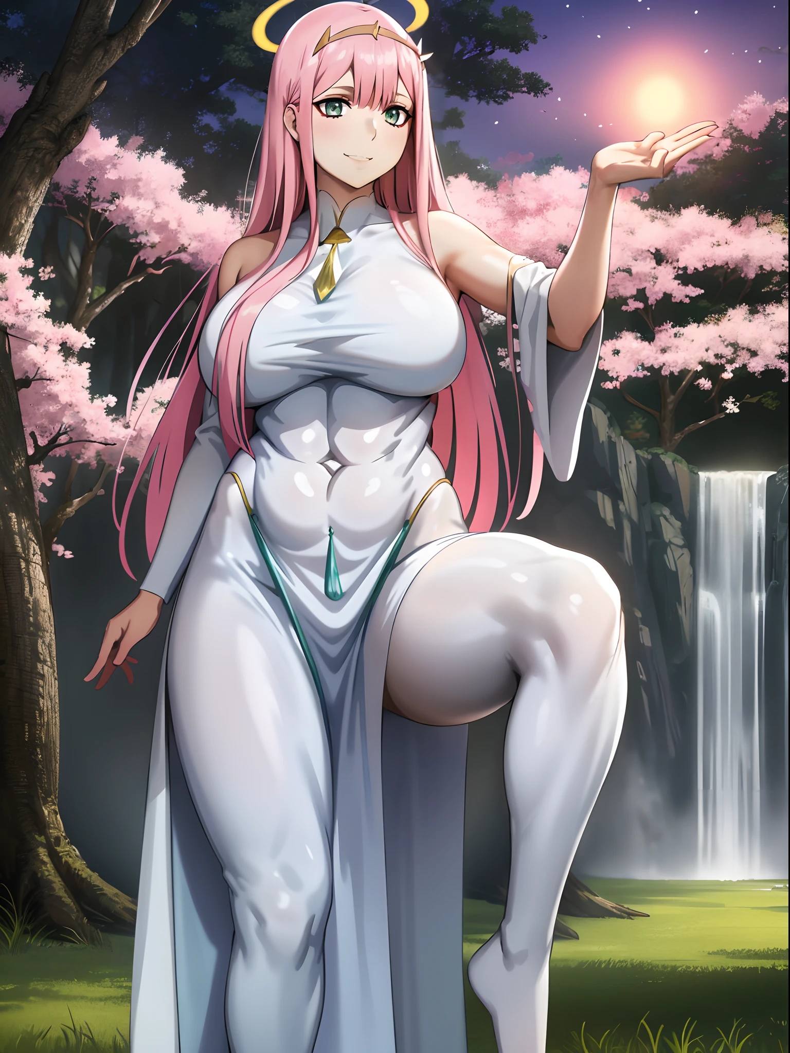 Zero Two, dress, sun halo, holy, smile, medium breast, priestess, full body, walking, divine aura, sun halo, solar halo, long skirt, porcelain skin, ethereal, graceful movement, flowing golden hair, radiant beauty, enchanting gaze, serene expression, soft sunlight, angelic presence, celestial atmosphere, mystical background, celestial light, glowing halo, gentle breeze, ethereal glow, captivating aura, divine radiance, natural beauty, sublime elegance, heavenly charm, peaceful countenance, harmonious surroundings, ethereal grace, mesmerizing presence, transcendent allure, magical serenity, serene and majestic, radiant happiness, heavenly enchantment, delicate features, elegant posture, celestial maiden, otherworldly presence, serene and ethereal, divine embodiment, celestial being, spiritual tranquility, mesmerizing beauty, ethereal goddess, radiant purity. Preparing SeaArt Bot Txt2Img Default 21:19:45, green eyes, white robe, large skirt, long skirt, longeyelashes, solid circle eyes, light smile, ear blush, fang, Surrealism, drop shadow, anaglyph, stereogram, tachi-e, pov, atmospheric perspective, 8k, super detail, ccurate, best quality, best quality, high quality, super detail, anatomically correct, retina, UHD, masterpiece, high details, award winning, highres, textured skin, ccurate