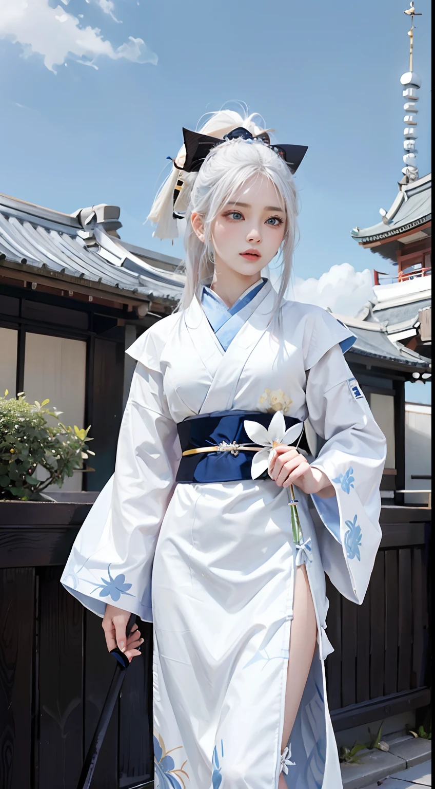 Transcendent beautiful girl with white hair and blue eyes、Stand dressed as a Japan samurai。Her white hair flutters in the wind、Blue eyes have a sharp gaze。She wears a traditional samurai costume.、A bright kimono and helmet accentuate its majesty.。The helmet is decorated with silver ornaments.、I have a sword。She has the spirit of bushido.、It expresses elegance and strength at the same time。Her presence is、Symbolizes the pride and beauty of the samurai、It makes you feel the fusion of history and modernity.。