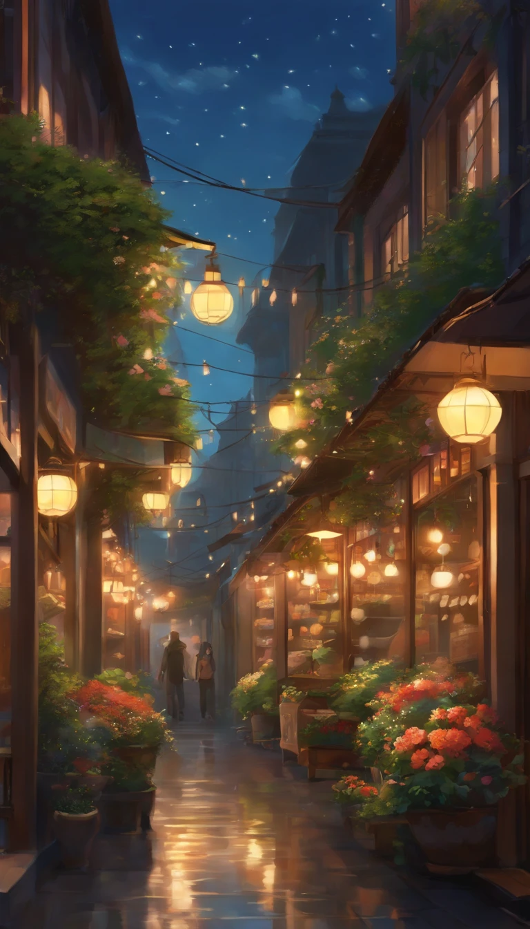 City flower shop, potted plants, flower, rainny night,water reflection puddle,oriental design, hanging lights , digital painting, sunset,wind up,concept art, illustration, intricate, many people, hanging lights, happy, beautiful colorful light, flower, plants ((tileset)) Anime - City street style scene, a woman waiting in front of a store, anime background art, detailed scenery - width 672, anime landscape concept art, anime style cityscape, Studio Ghibli anime style, Studio Ghibli art style, Studio Ghibli program, anime landscape, Studio Ghibli art style, Landscape artwork, Beautiful anime landscape, Forest city street, Ghibli art style, cake shop, cake shop, bakery cake shop, Makoto Shinkai style, Makoto Shinkai anime, Shinkai Makoto art style