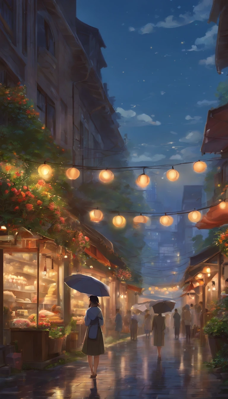 City flower shop, potted plants, flower, rainny night,water reflection puddle,oriental design, hanging lights , digital painting, sunset,wind up,concept art, illustration, intricate, many people, hanging lights, happy, beautiful colorful light, flower, plants ((tileset)) Anime - City street style scene, a woman waiting in front of a store, anime background art, detailed scenery - width 672, anime landscape concept art, anime style cityscape, Studio Ghibli anime style, Studio Ghibli art style, Studio Ghibli program, anime landscape, Studio Ghibli art style, Landscape artwork, Beautiful anime landscape, Forest city street, Ghibli art style, cake shop, cake shop, bakery cake shop, Makoto Shinkai style, Makoto Shinkai anime, Shinkai Makoto art style