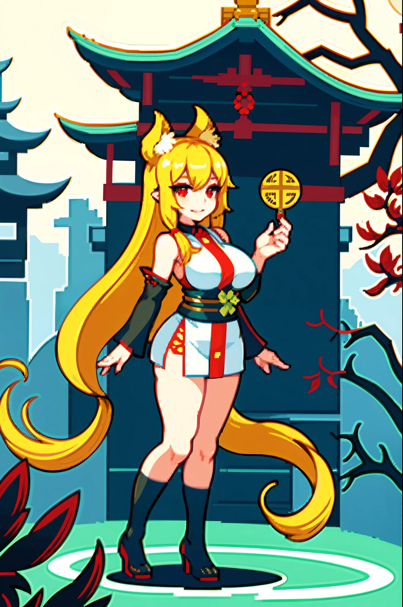 1girl, blonde hair, kitsune, shrine maiden, animal ears, smiling, red eyes, large breasts, full body, solo