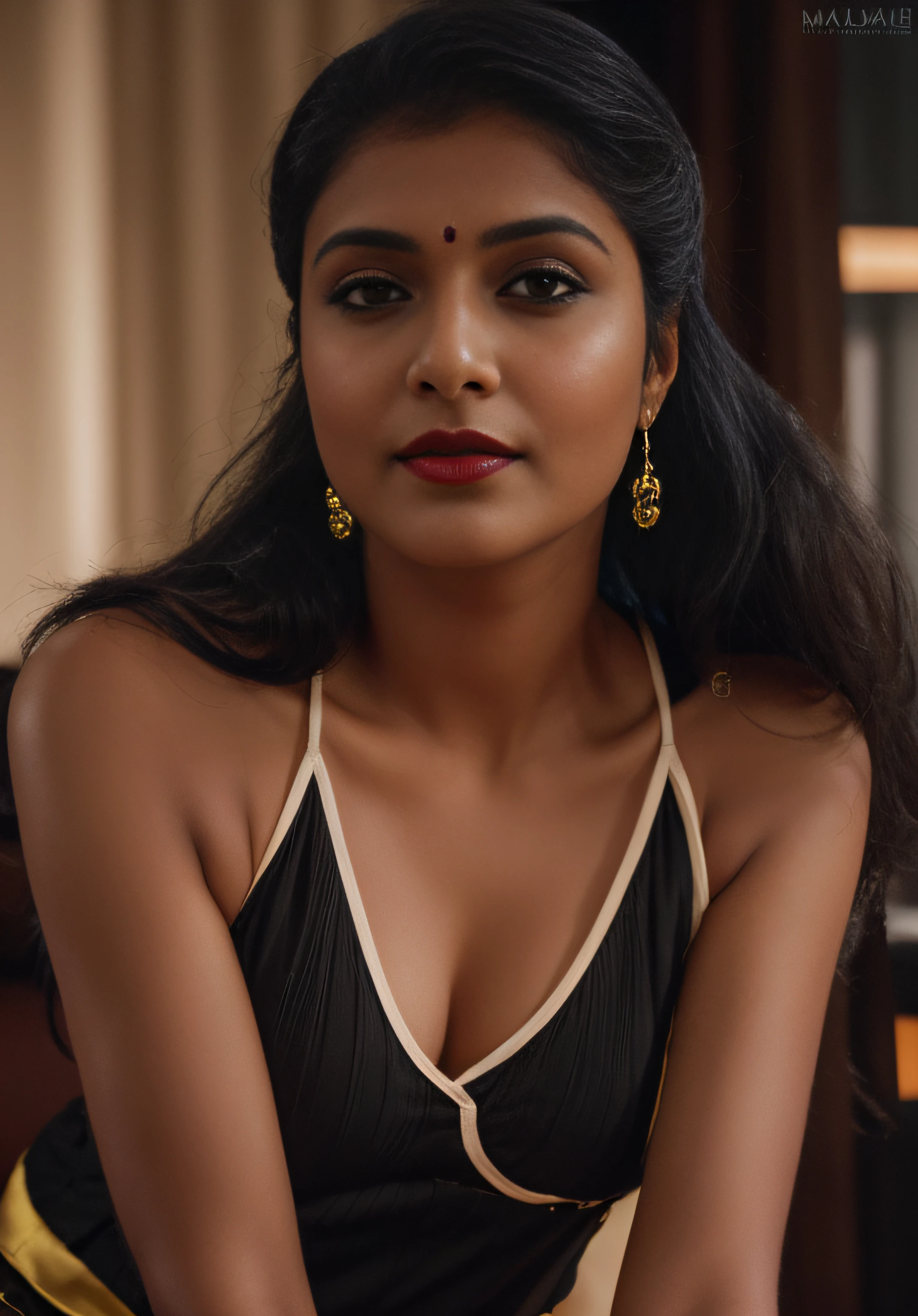 (editorial photograph of a young Indian woman in yellow dress and dark red lips),(((massive breast)))、karla ortiz, (highly detailed face:1.4) (smile:0.7) (backround 5 star hotel , moody, private study:1.3) POV, by lee jeffries, nikon d850, film stock photograph ,4 kodak portra 400 ,camera f1.6 lens ,rich colors ,hyper realistic ,lifelike texture, dramatic lighting , cinestill 800, realistic, wearing Black dobby weave self design fit & flare dress Sweetheart neck Short, puff sleeve Tie-up detail on back Above knee length in flounce hem Attached Lining Chiffon fabric, actress, karla ortiz, posing!!, candid picture, by Max Dauthendey,