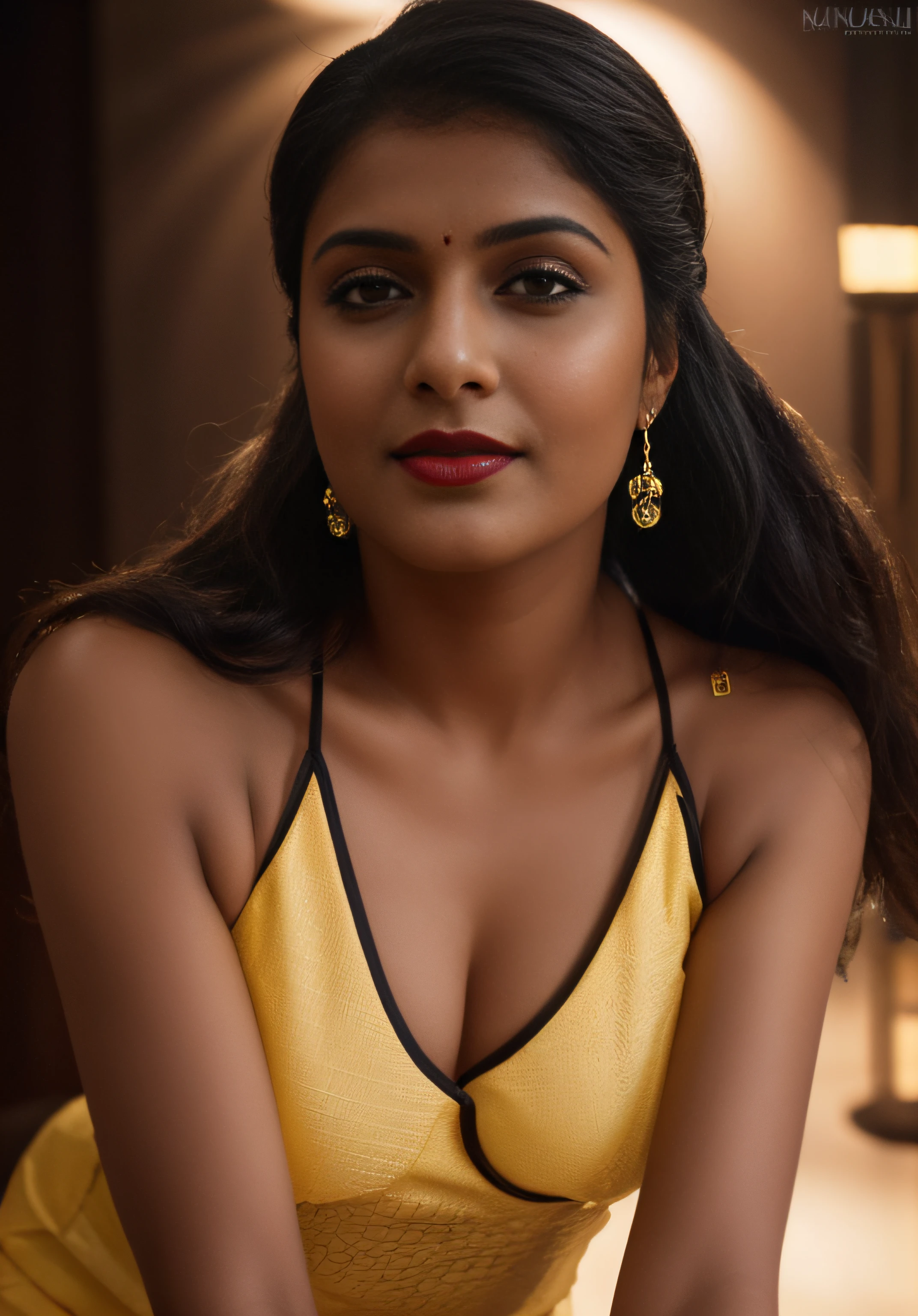 (editorial photograph of a young Indian woman in yellow dress and dark red lips),(((massive breast)))、karla ortiz, (highly detailed face:1.4) (smile:0.7) (backround 5 star hotel , moody, private study:1.3) POV, by lee jeffries, nikon d850, film stock photograph ,4 kodak portra 400 ,camera f1.6 lens ,rich colors ,hyper realistic ,lifelike texture, dramatic lighting , cinestill 800, realistic, wearing Black dobby weave self design fit & flare dress Sweetheart neck Short, puff sleeve Tie-up detail on back Above knee length in flounce hem Attached Lining Chiffon fabric, actress, karla ortiz, posing!!, candid picture, by Max Dauthendey,