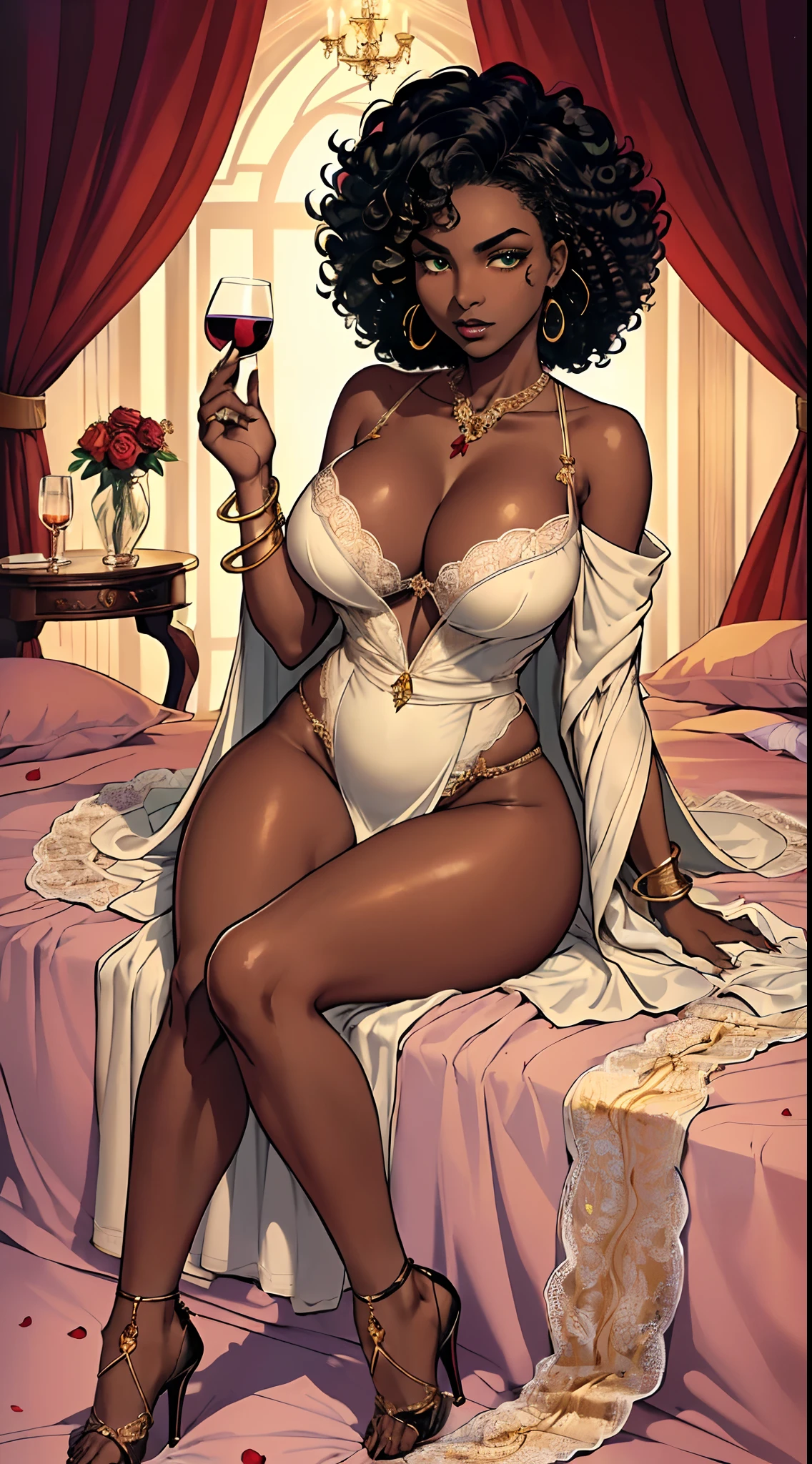 ((Masterpiece, hiquality, absurdress), 1Woman, black hair, curly hair, Afro-curly hair, Green eyes, a perfect face, the perfect body, big breastes, short stature, (((very dark skin))), 独奏, Detailed eyes and face, makeup, red-lips, soft light, fluffy pillows, rose petals, big bed, Luxury Sheets & blanket, Elegant Candles, Wine tasting from a crystal glass, lace lingerie set, bra and panties, Elegant bathrobe, high-heeled shoes, stocklings, Chunky necklace around the neck, bangles, earings , Rings