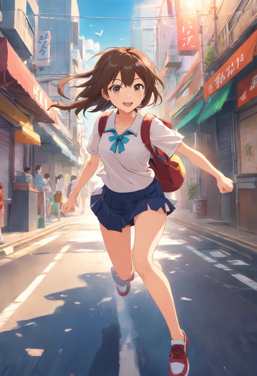 finest image, detailed and delicate depiction, Big character, deformed, A cute high school girl runs with a smile on her face, stomping and destroying the city