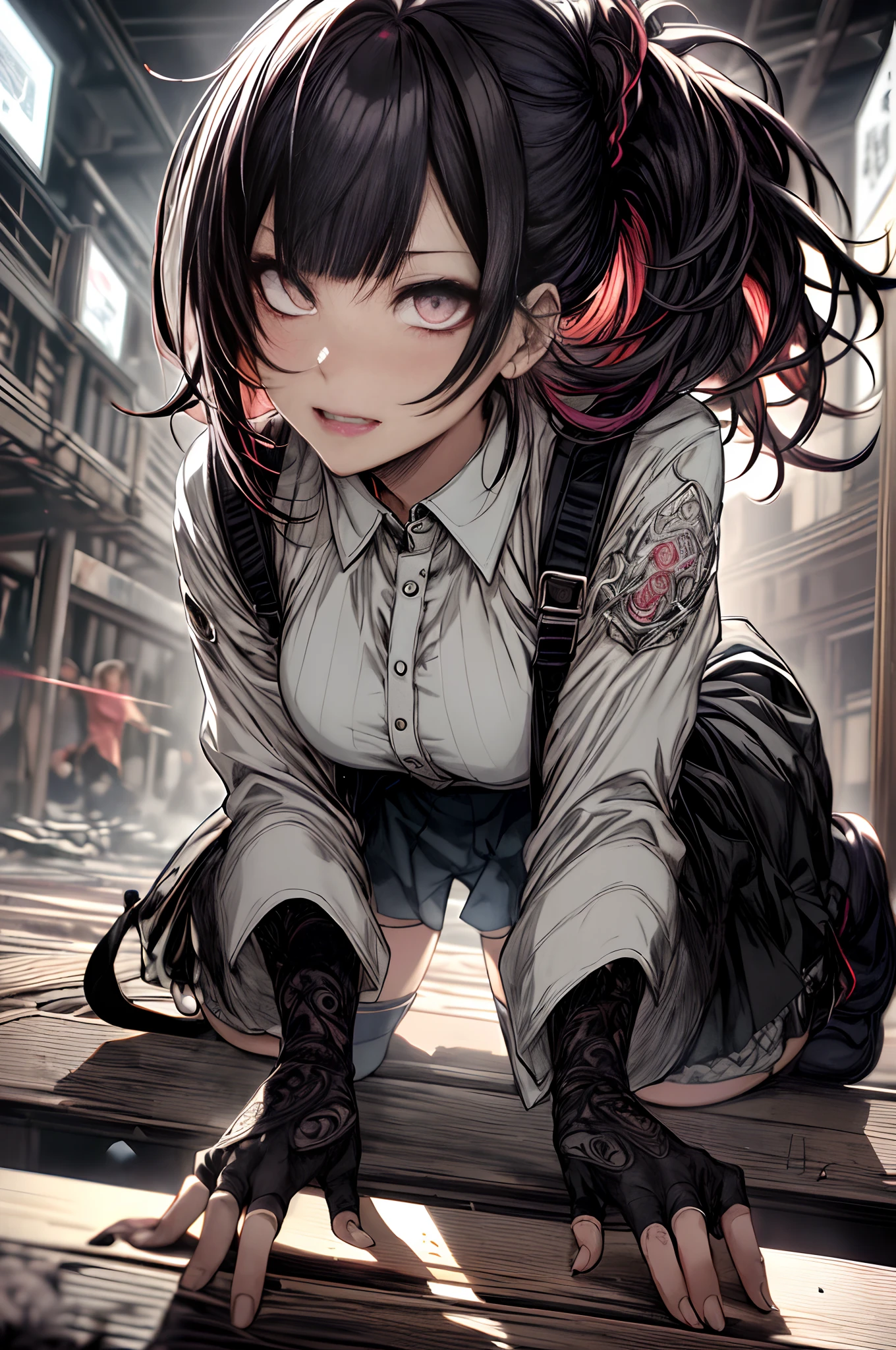 Ruins、Rosa、Rosa、dark in background、Full body、Bag、High School Costumes、long、校服、A dark-haired、Ahegao ( Silly / Sexual ecstasy)、Cross-eyed、Stranger、View other people、Blunt bangs、 over-kneehighs,Ahegao , Silly,Sexual ecstasy,Drunken eyes,Blunt bangs,,(masutepiece:1.2, Best Quality), (finely detailed beautiful eye: 1.2), (Detailed background,Dark Fantasy), (beautifull detailed face), High contrast, (Best Illumination, extremely delicate and beautiful), ((Cinematic Light)), Colorful, Hyper Detail, Dramatic light, Intricate details,