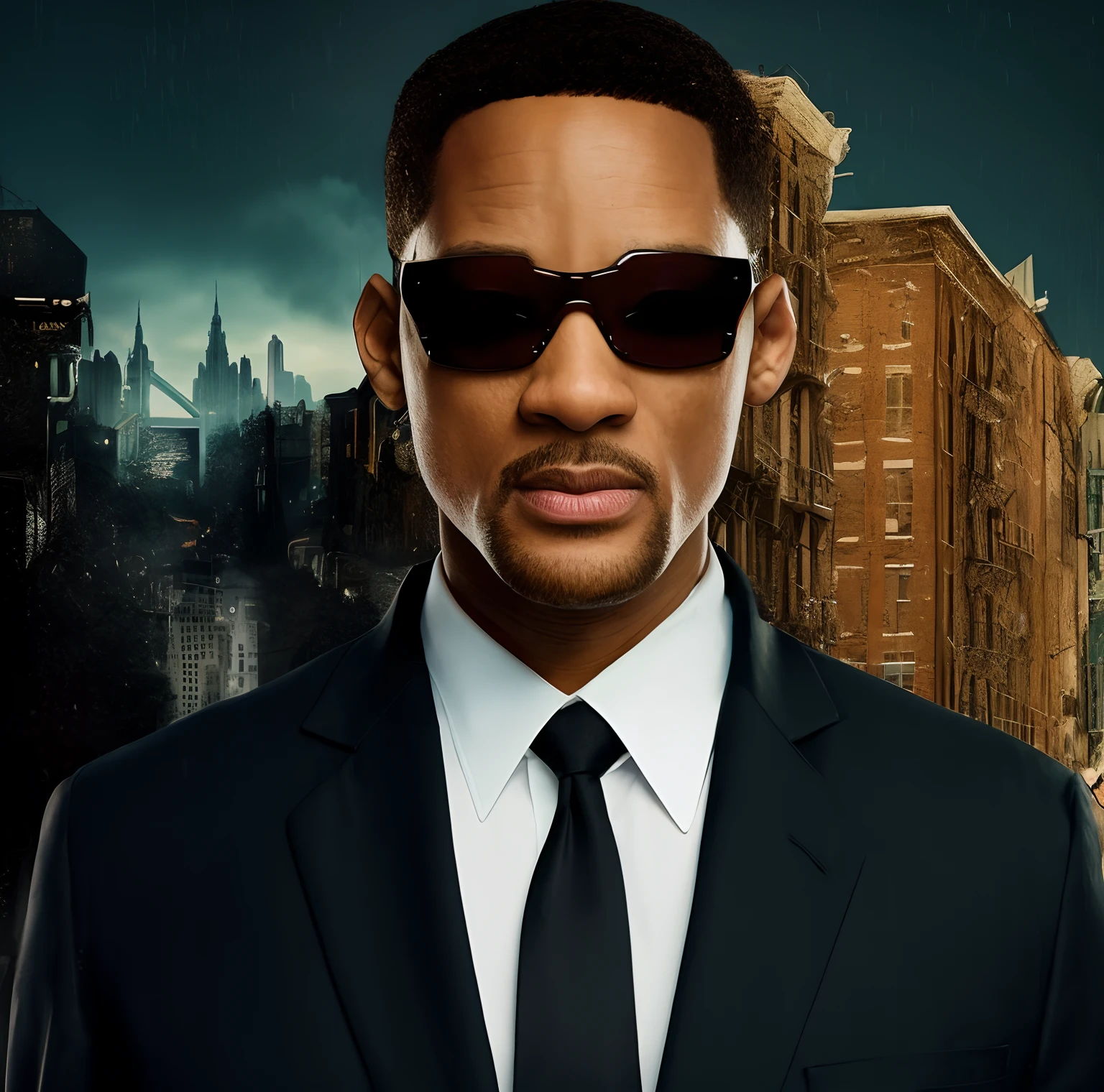 there is a man in a suit and tie with a city in the background, will smith as neo in the matrix, will smith, in suit with black glasses, men in black, will smith portrait, will smith anime style, morpheus, popcorn as morpheus, wearing a suit and glasses, blade, neo from the matrix, serious business, dark shades
