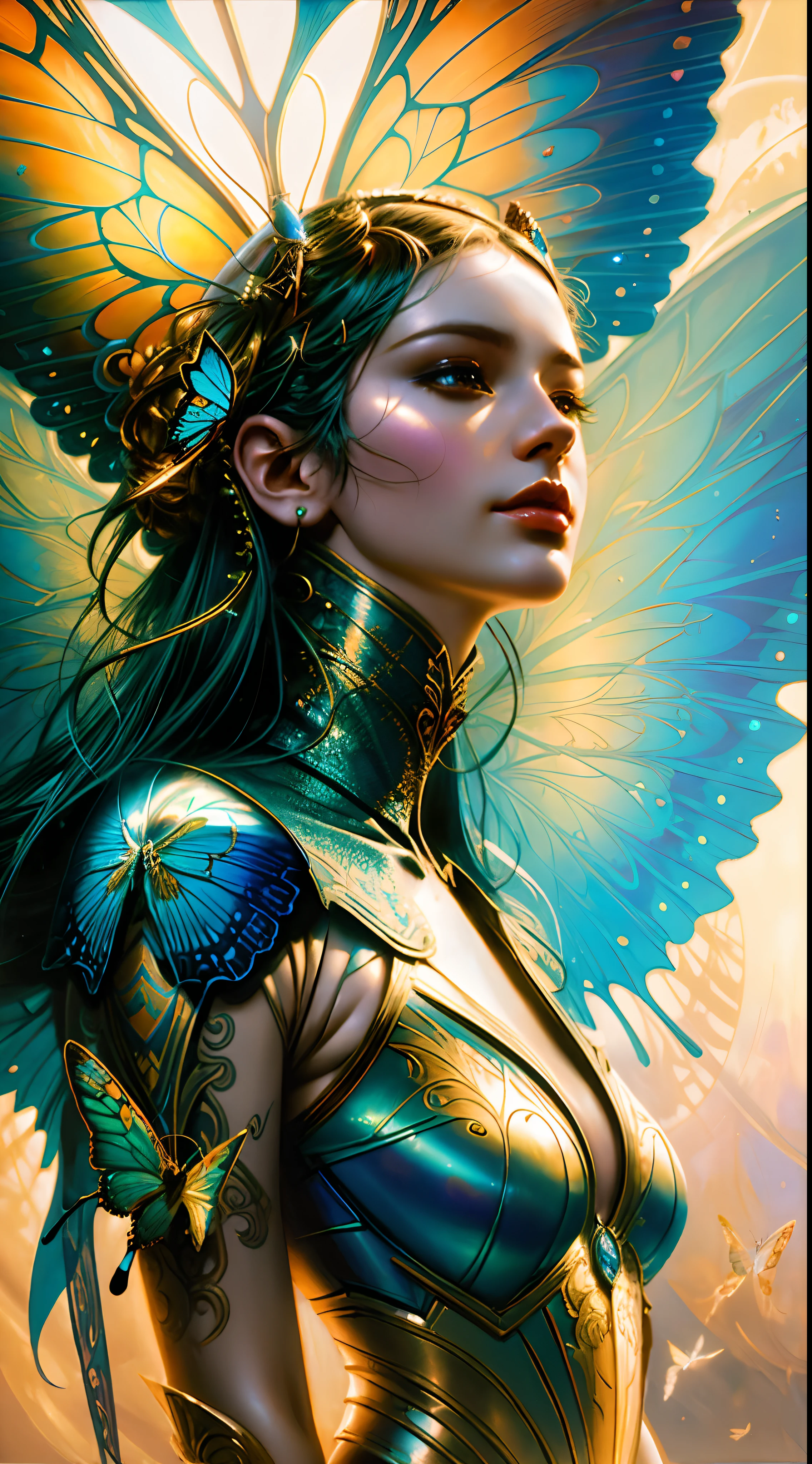 A closeup of a woman with butterfly wings on her head, bela arte digital, lindo arte digital, karol bak uhd, arte fantasia behance, 8 0's estilo tomasz alen kopera, stunning digital illustration, Artgerm Julie Bell Beeple, Tomasz Alen Kopera e CGSoration, arte digital impressionante, pintura digital brilhante