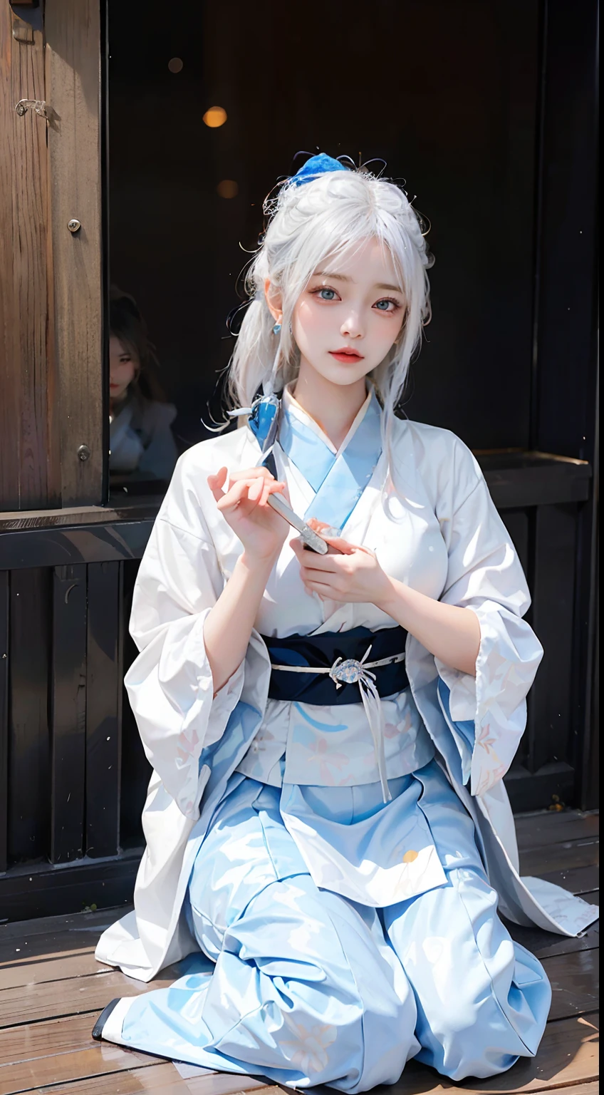 high resolution, 1 female, Solitary, Shiny skin, jewelry, Above the waist, white hair, Hanfu, Taoist robe, Cherry blossoms