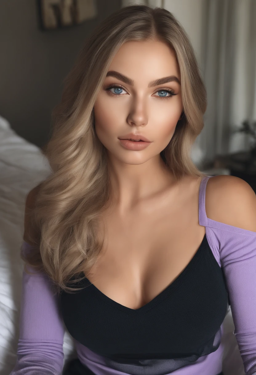 arafed frau voll , Sexy girl with blue eyes, ultra realistisch, Akribisch detailliert, portrait sophie mudd, blonde hair and large eyes, Selfie einer jungen Frau, Augen im Schlafzimmer, Violet Myers, ohne Make-up, Natural makeup, Blick direkt in die Kamera, Gesicht mit Artgram, dezentes Make-up, Stunning full body shot, die auf dem Bett kniet, im Schlafzimmer, medium to large bust size