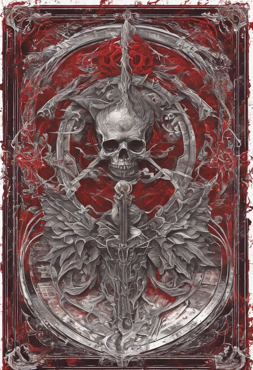 refer to compositional layout of the image prompt: CHARCOAL AND INK: black and white charcoal and ink drawing with red theme of blood and red lightning, Hyperrealistic, Masterpiece, Photorealistic, best quality, intricate details, sharp focus, hyper detailed, tattoo art, horror, fantasy horror, dark and mysterious, reaching towards a bunch of humanoid demons from below, winged demon wraith skeleton from above, massive third eye in background like Sauron's eye behind demon, stormy and cloudy dark creepy background, tormented mind visualized as a spiraling path into the void, insanely detailed and intricate, hypermaximalist, ominous, haunting, high resolution, perfect lighting, extremely detailed, (perfect hands, perfect anatomy), winged demon hovering above with serpents curling around his sword, cyber sigilism in wings and clouds, fantasy horror, hell, dark battlefield, skulls, lost souls, depression, detailed lower foreground with piled bodies and skulls and blood, dark lord of the rings art