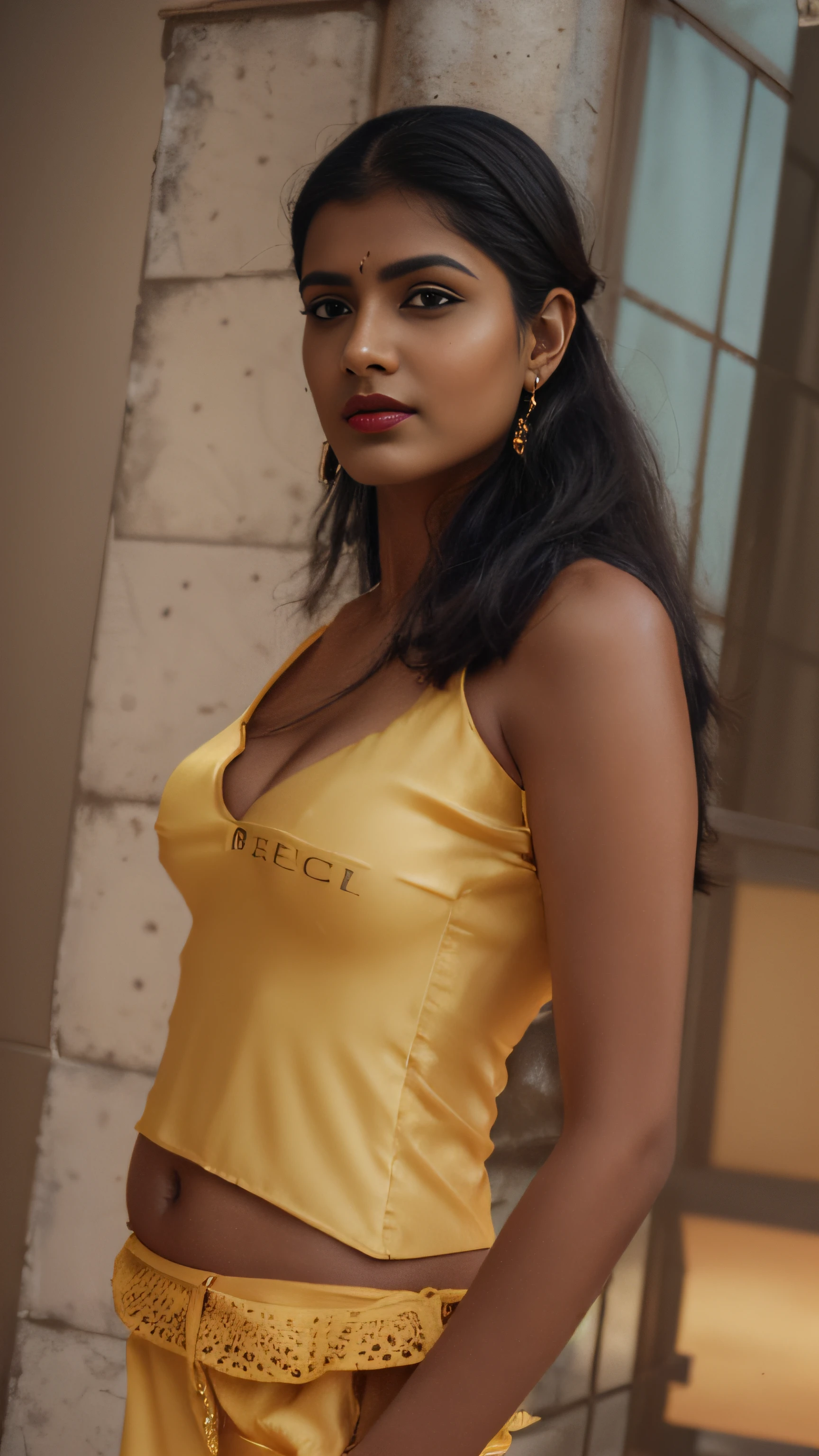 (editorial photograph of a young Indian woman in yellow dress and dark red lips),(((massive breast)))、karla ortiz, (highly detailed face:1.4) (smile:0.7) (backround 5 star hotel , moody, private study:1.3) POV, by lee jeffries, nikon d850, film stock photograph ,4 kodak portra 400 ,camera f1.6 lens ,rich colors ,hyper realistic ,lifelike texture, dramatic lighting , cinestill 800, realistic, wearing Black dobby weave self design fit & flare dress Sweetheart neck Short, puff sleeve Tie-up detail on back Above knee length in flounce hem Attached Lining Chiffon fabric, actress, karla ortiz, posing!!, candid picture, by Max Dauthendey,