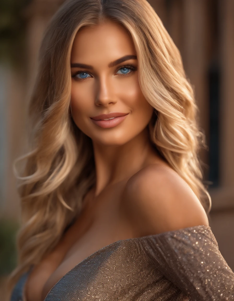 modeling realistic tanned sunkissed fit female, beautiful legs, instagram influencer with blue eyes wearing blazer outfit and high heels, best quality, supermodel, 1 girl, blue radiating eyes, very detailed, 21 years old, innocent tanned face, blonde beautiful hair, blue eyes, high resolution, masterpiece, best quality, intricate details, highly detailed, sharp focus, detailed skin, realistic skin texture, texture, detailed eyes, professional, 4k, charming smile, shot on Canon, 85mm, shallow depth of field, kodak vision color, perfect fit body, extremely detailed, foto_\(ultra\), photorealistic, realistic, post-processing, maximum detail, roughness, real life, ultra realistic, photorealism, photography, 8k uhd, photography, luxury villa sunset background