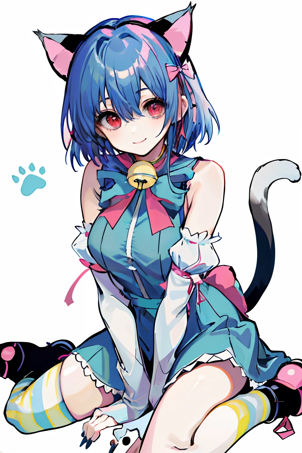 absurdres, best quality, 1girl, solo, ahCat, blue theme, cat ears, blue dress, sleeveless dress, pink ribbon, large ribbon, striped thighhighs, detached sleeves, big boobs,  jingle bell, wariza, hands on floor, paw shoes, smile, red eyes