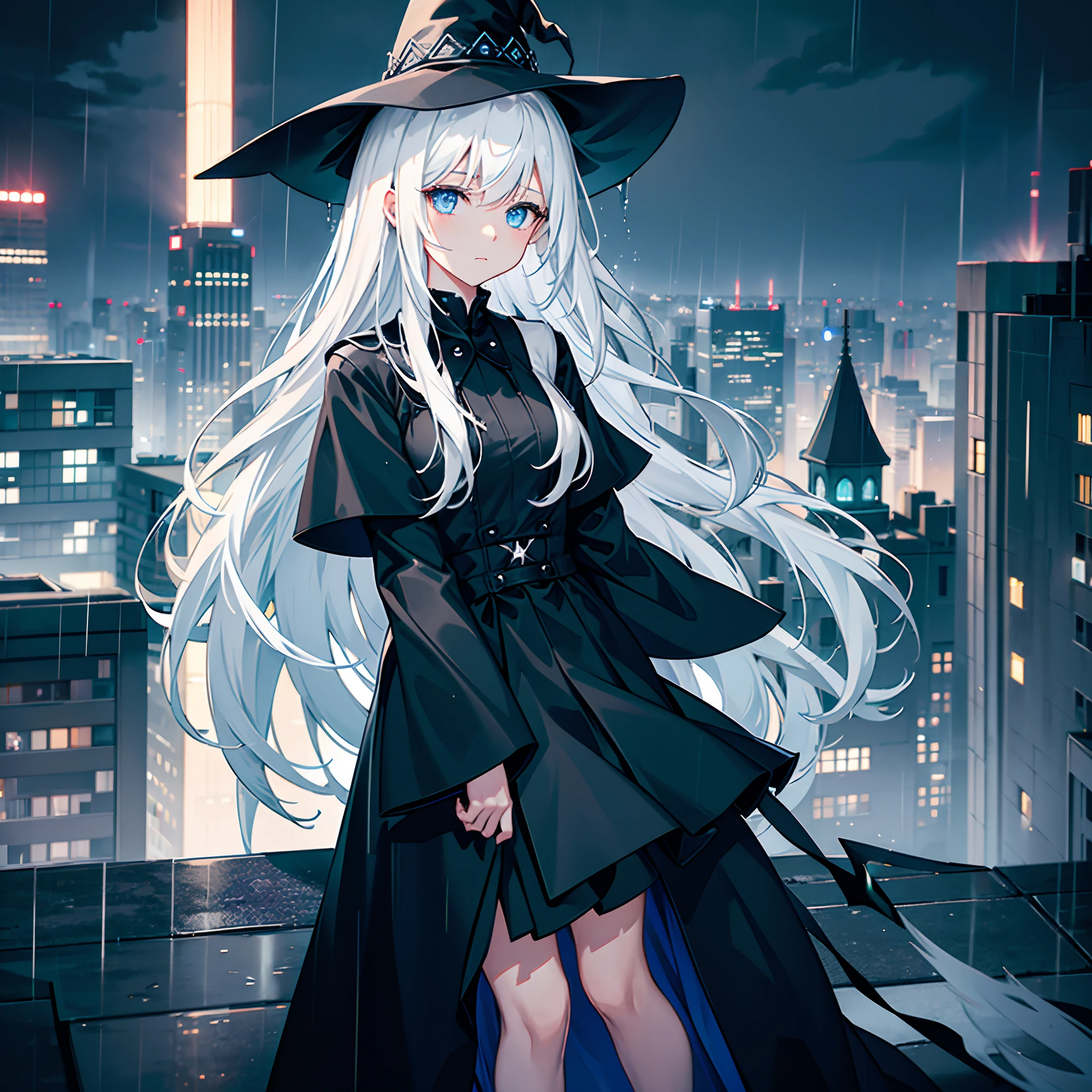 Rooftop of a building late at night in the rain、Rainy night view、One Wizard Girl Standing、Black coat、white t-shirts、a black skirt、white hair with a green mesh、Blue eyes with highlights、Looking at me with a desperate expression、Large witch hat with sapphire accessories、Black sneakers with white strings、