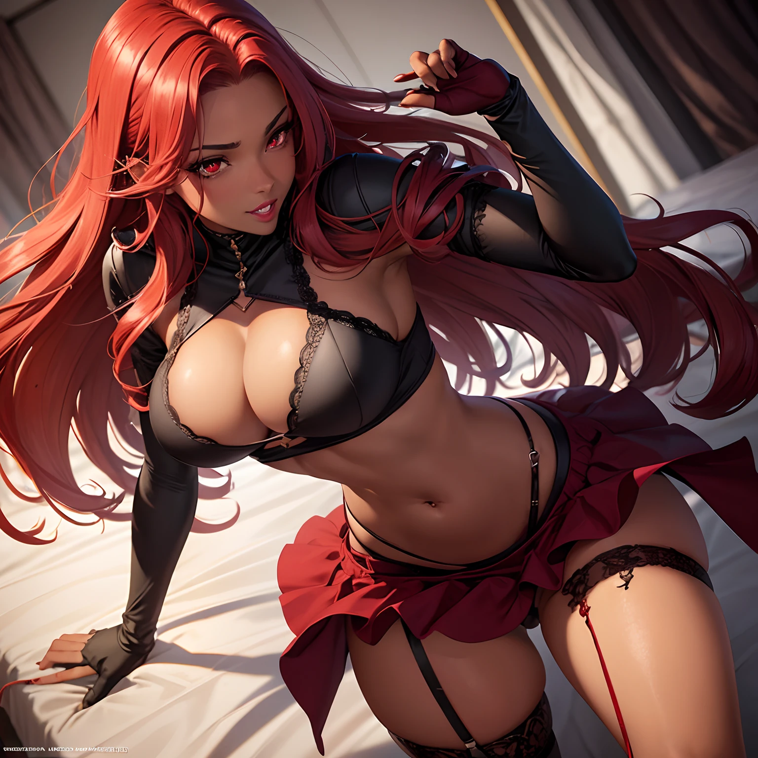 dark-skinned female+++, detailed eyes, sparkling eyes, close-up , red eyes, full lips, tan, +thick lips, +full lips, big breast, red hair, belly piercing,,long hair, flat stomach, long eyelashes, lipgloss, smirk, red nurse outfit, vampire, sharp teeth , blood on knife , standing up ,  gloves , lace legwear , cleavage cutout , hospital bed , looking down , close up++ , fangs++ , HD++++