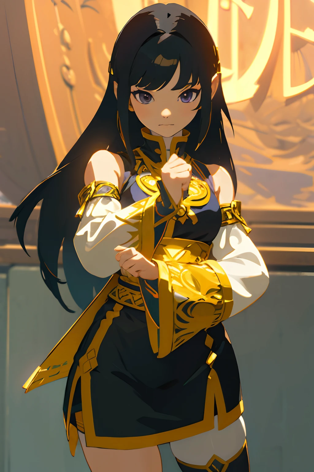 Illustration, UHD, retina, masterpiece, accurate, anatomically correct, super detail, high details, high quality, award winning, best quality, highres, good anatomy, 1080P, HD, 4K, 8k, 16k, 1girl, dynamic pose, androgynous, detailed eyes, detailed clothes, detailed hair, rendering, strands of hair, cute waifu, long black hair, long locks, bangs, chopped bangs, purple eyes, ahgoe, wearing a intricate outfit, black and gold oufit, wearing a micro pencil skirt, thigh high, sleeveless shirt, puffy detached sleeves, oversized sleeves, cinematic lighting