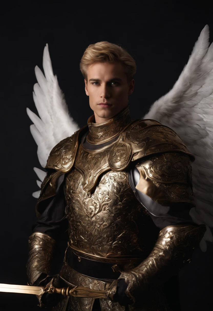 Diabo ultrarrealista: A golden angel with wings spread with a sword of fire in his hand, Voando sobre um campo de batalha sombrio, Dark Smoke Setting Portrait of Man a Knight, blonde hair, About Polar Sky Aurora Fantasy Winter, ouro, Uplighting, Detailed ambience in the armor made of white titanium and some crystal, Power suit, moderno, linhas poli baixas, punk core, sonhador, Colorir, distopia, divino, Misterioso, Pose curva, Posando de moda.