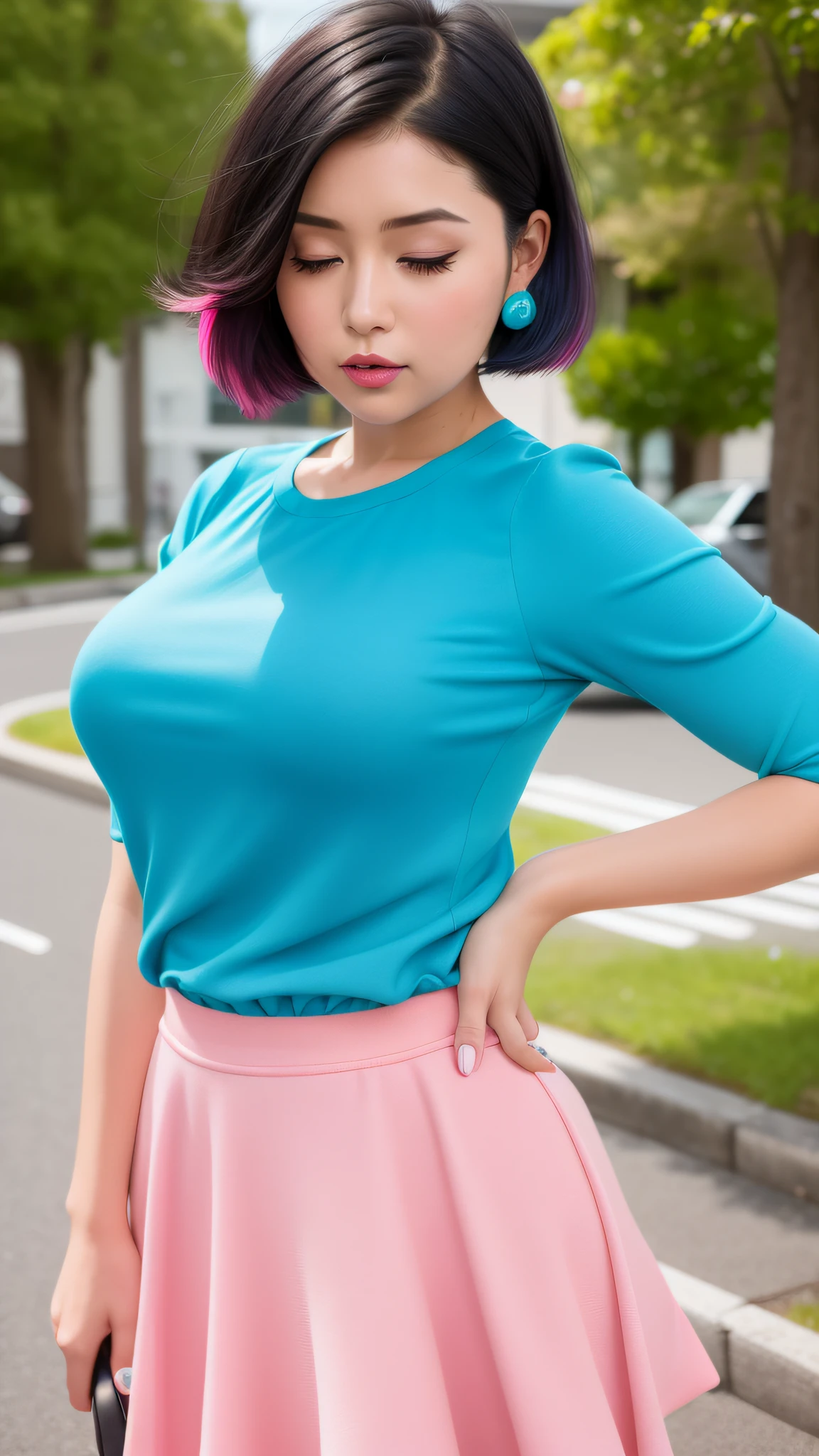 ((top quality, 8k)), (realistic), (facial focus: 1.1), 1.3), kawaii girl, very strong makeup with turquoise blue leftover bright pink lipstick and short black hair,
hair fluttering in the wind, turned to the side, Look at your face, Eyes closed, (Sleeves: 1.1)、skirt, d cup breasts,