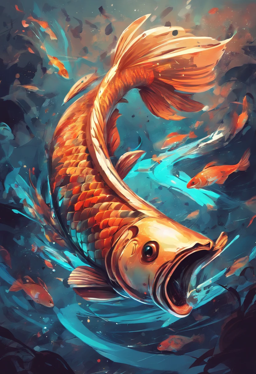 Stylized cyberpunk carp swimming upstream, surrounded by artistic strokes, symbolizing creativity