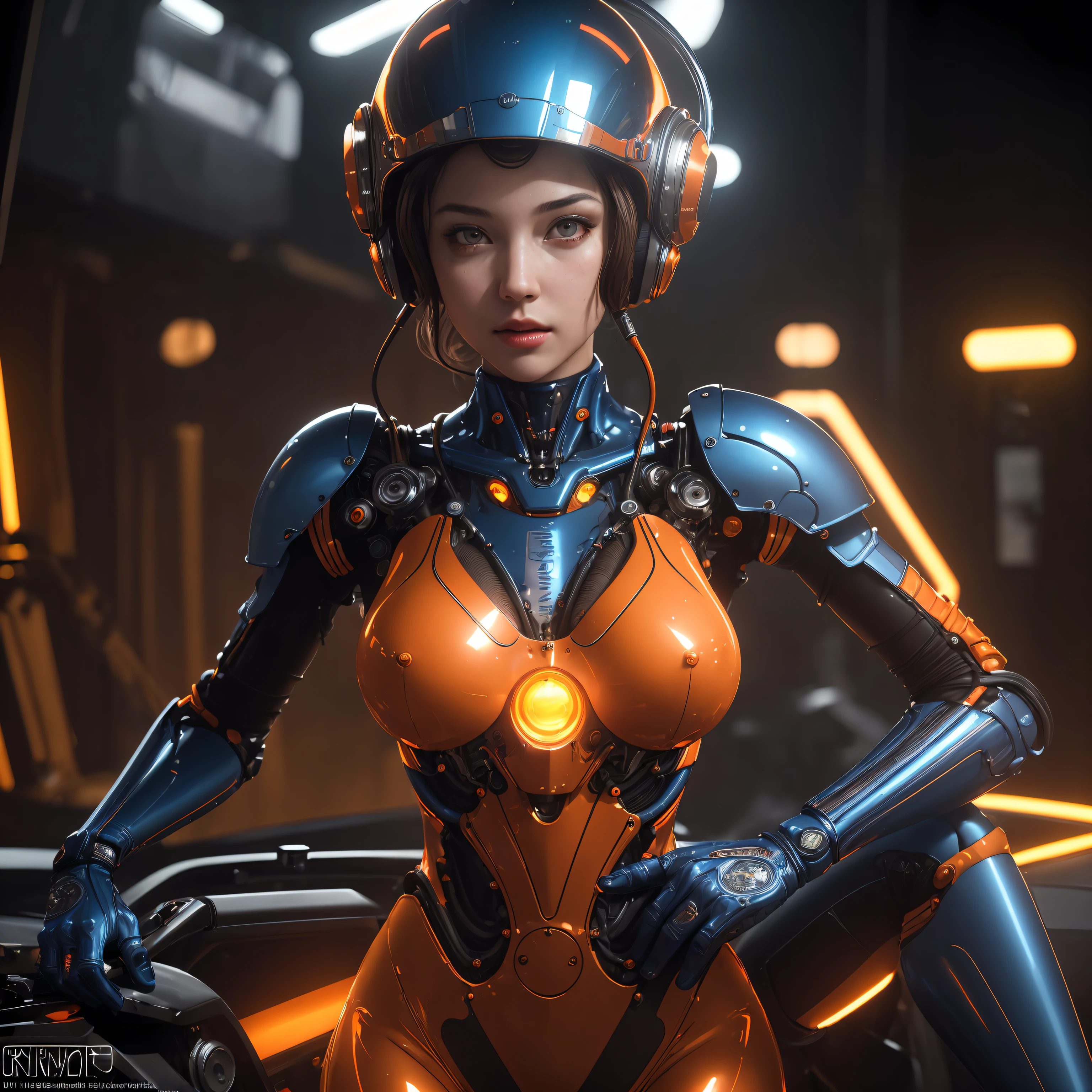 (best quality,highres,masterpiece:1.2),ultra-detailed,realistic, HDR, UHD, studio lighting, vivid colors, bokeh, [nude] [girl], [alien], [mechanical engineer], [orange skin], [blue jumpsuit], [bare chest], [seductive pose], [helmet], [various mechanical devices]