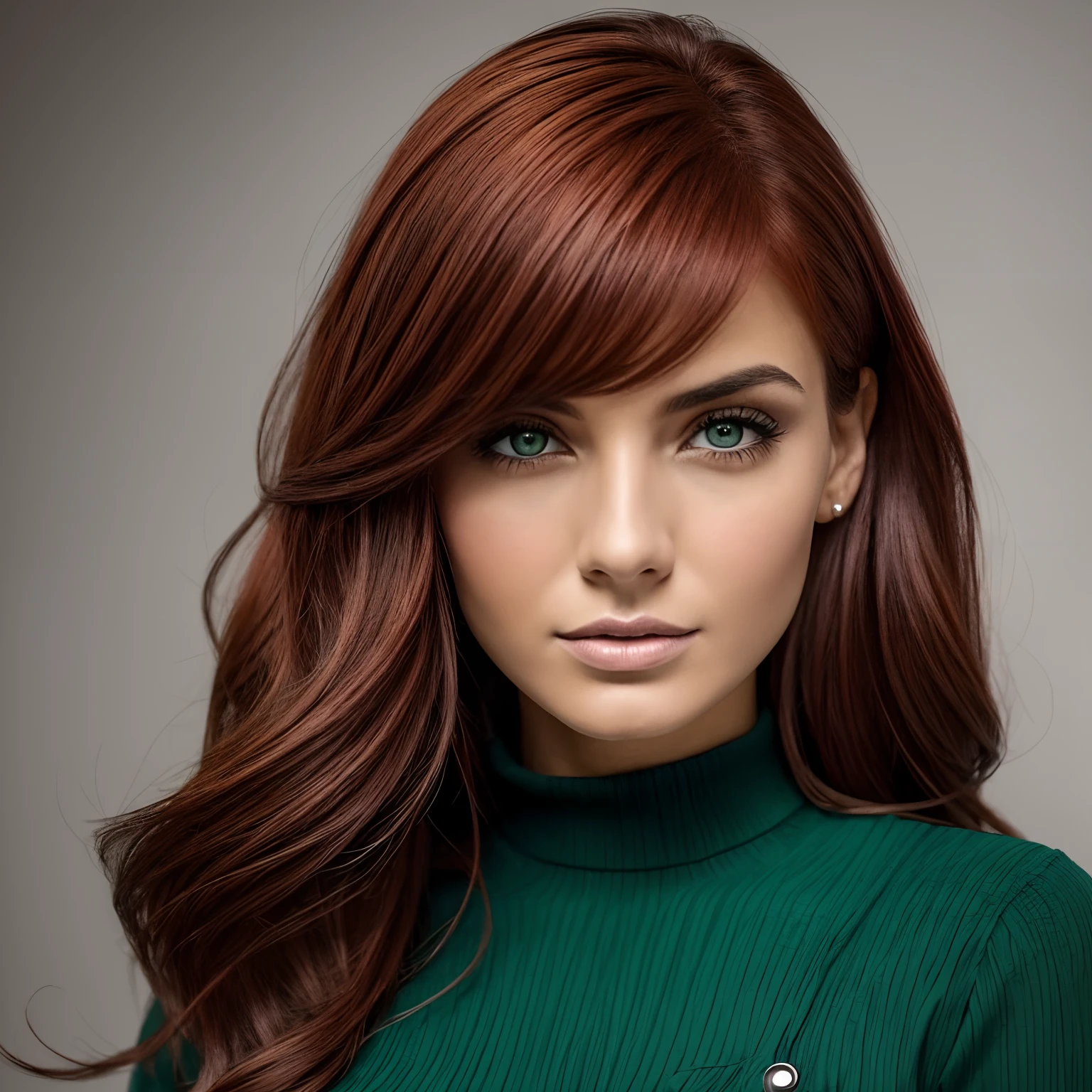 Una bella mujer pelirroja, melena larga y con volumen, el color del pelo rojo, piel clara, ojos marrones, Medium Short Shot of Photography, cara muy detallada, fotorealista, I want a uniform green background and no other elements, La cabeza debe estar centrada y verse entera dentro del encuadre, sin estar cortada por arriba, abajo o alguno de los laterales, la mujer debe usar un vestido de estilo gotico con escote corazon y manga corta, The image should have a dark and gloomy aesthetic.