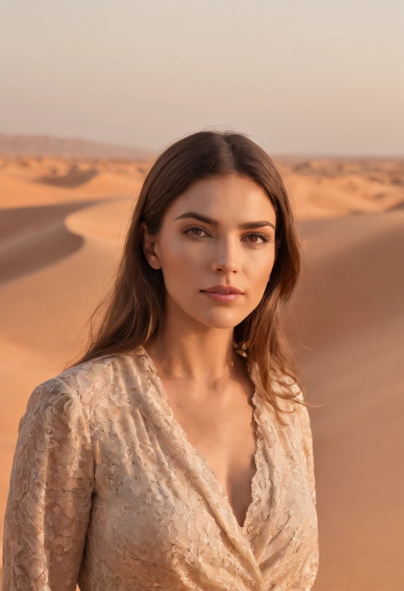 imagem de uma mulher num deserto , feeling lonely , cabelos pretos. olhando para frente