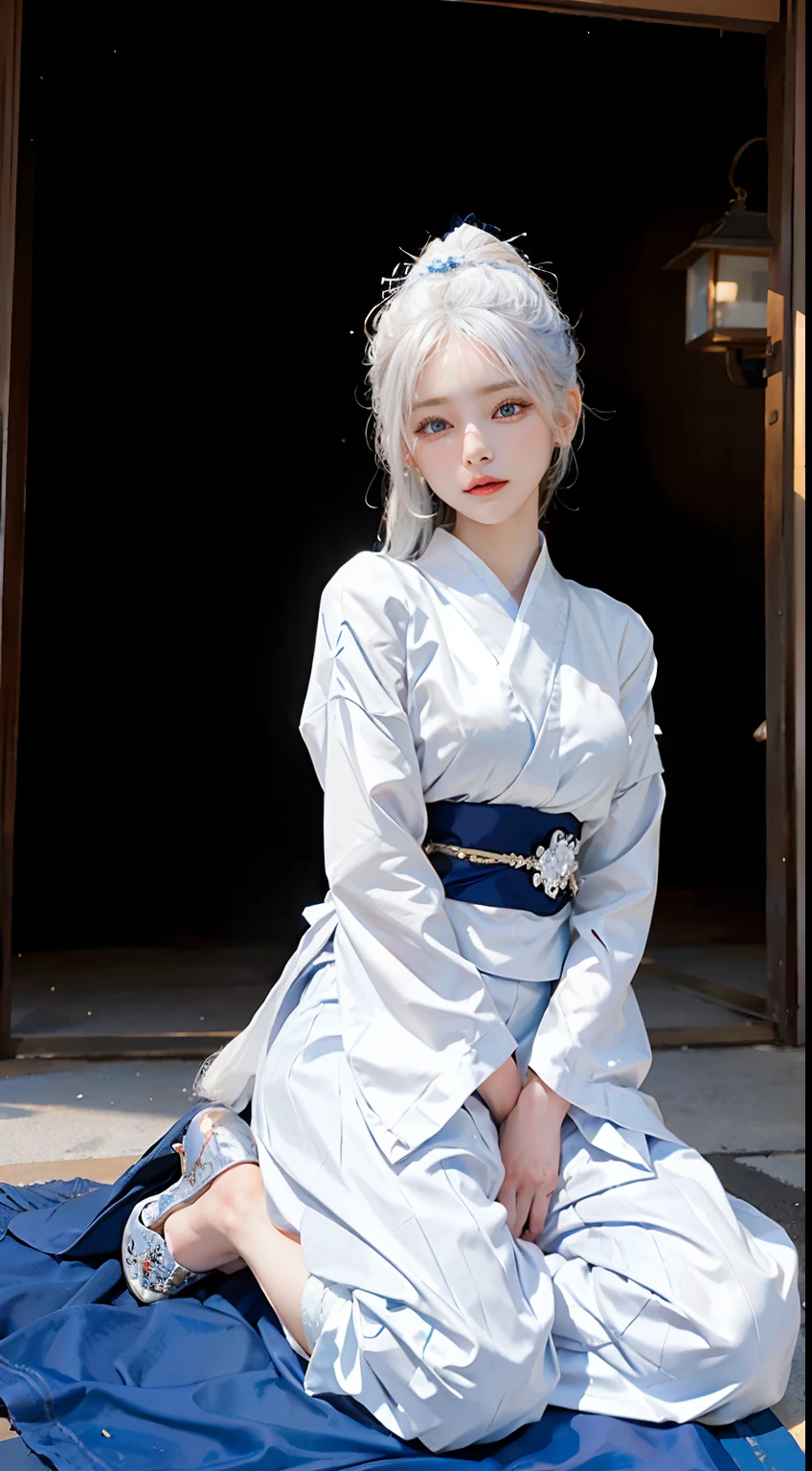 Transcendent beautiful girl with white hair and blue eyes、Stand dressed as a Japan samurai。Her white hair flutters in the wind、Blue eyes have a sharp gaze。She wears a traditional samurai costume.、A bright kimono and helmet accentuate its majesty.。The helmet is decorated with silver ornaments.、I have a sword。She has the spirit of bushido.、It expresses elegance and strength at the same time。Her presence is、Symbolizes the pride and beauty of the samurai、It makes you feel the fusion of history and modernity.。