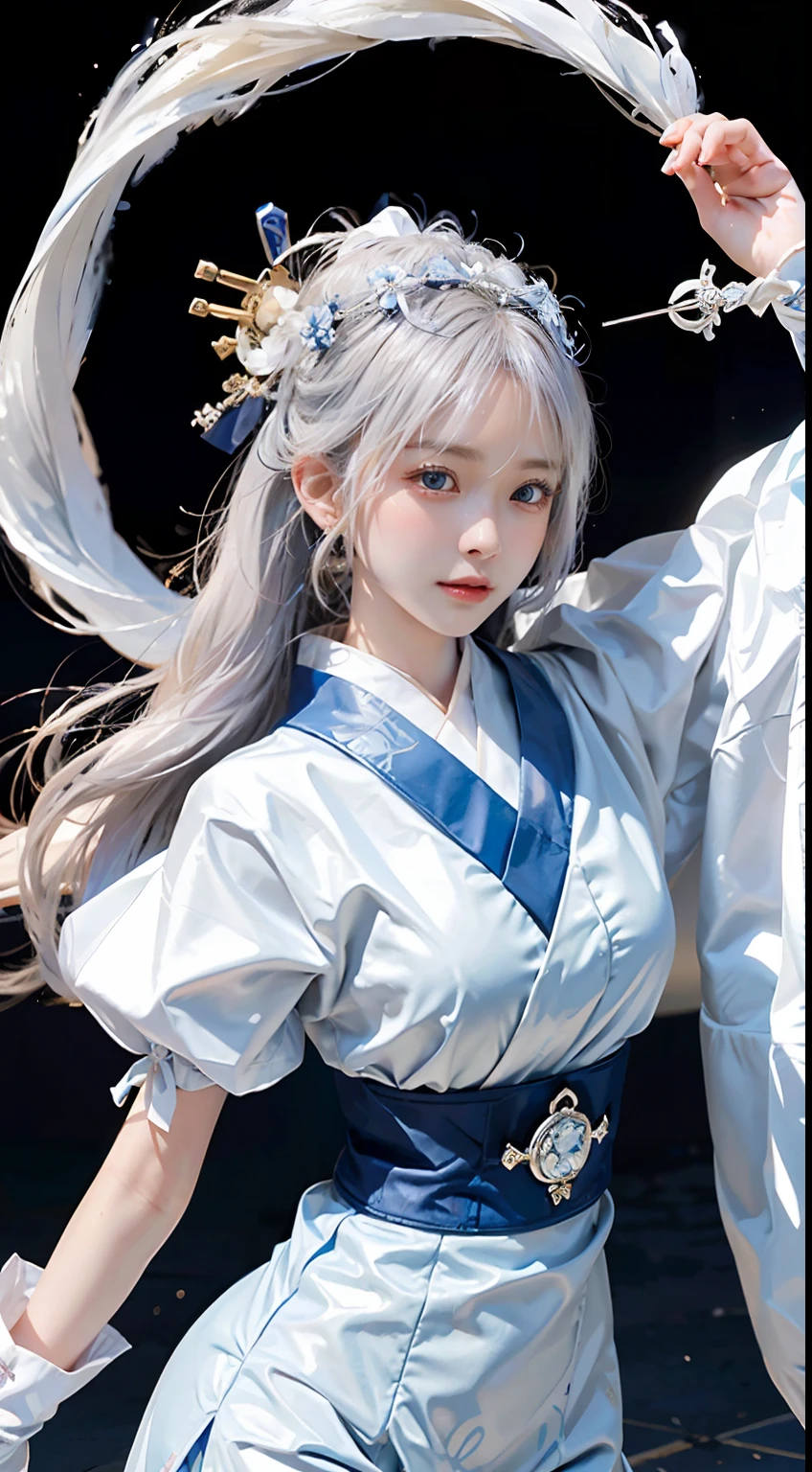 Japan girl is very cute。Has big yellow eyes、Wearing flashy national costumes、Silver-haired braid、I wear a lot of accessories、Royal Girl、