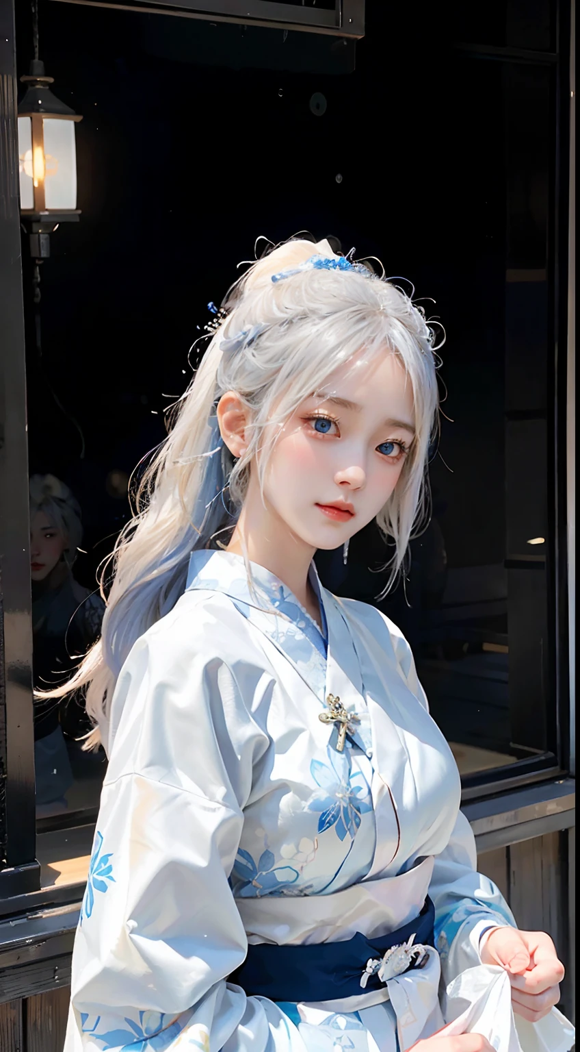 Transcendent beautiful girl with white hair and blue eyes、Stand dressed as a Japan samurai。Her white hair flutters in the wind、Blue eyes have a sharp gaze。She wears a traditional samurai costume.、A bright kimono and helmet accentuate its majesty.。The helmet is decorated with silver ornaments.、I have a sword。She has the spirit of bushido.、It expresses elegance and strength at the same time。Her presence is、Symbolizes the pride and beauty of the samurai、It makes you feel the fusion of history and modernity.。
