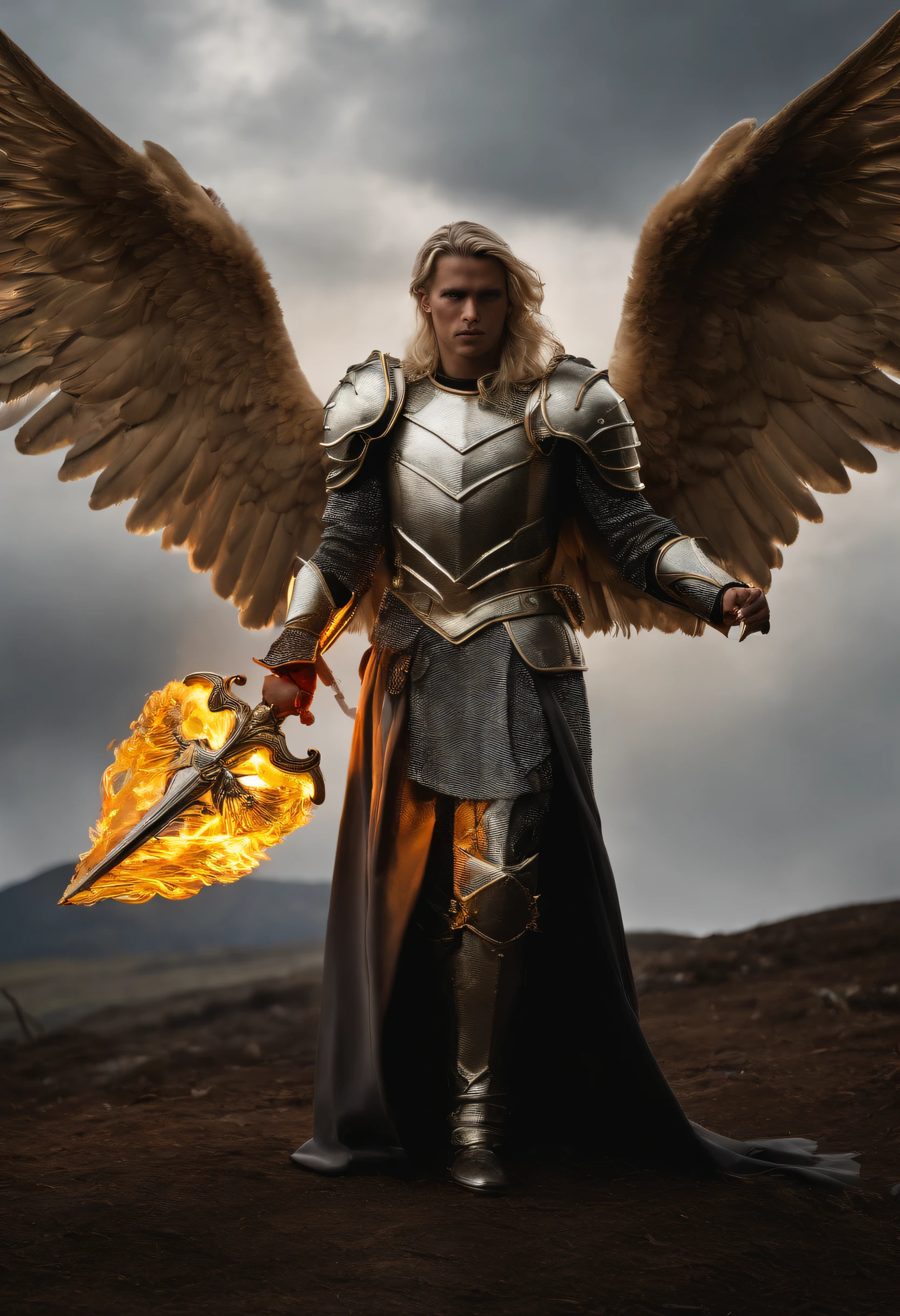 Diabo ultrarrealista: A golden angel with wings spread with a sword of fire in his hand, Voando sobre um campo de batalha sombrio, Dark Smoke Setting Portrait of Man a Knight, blonde hair, About Polar Sky Aurora Fantasy Winter, ouro, Uplighting, Detailed ambience in the armor made of white titanium and some crystal, Power suit, moderno, linhas poli baixas, punk core, sonhador, Colorir, distopia, divino, Misterioso, Pose curva, Posando de moda.