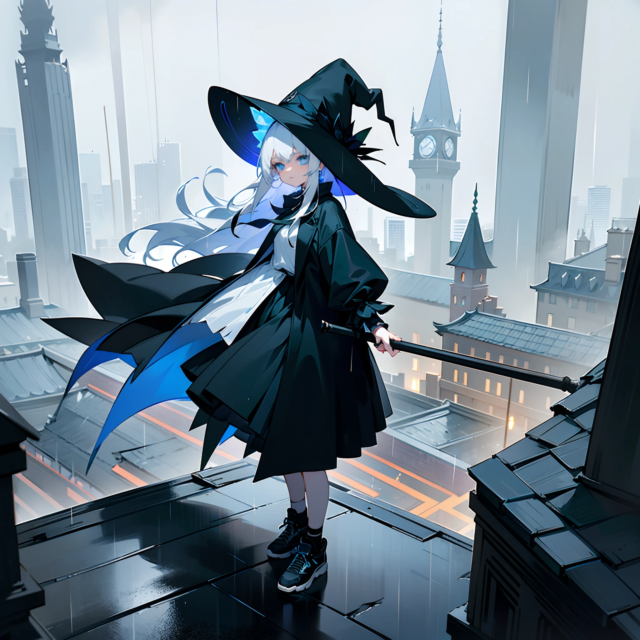 Rooftop of a building late at night in the rain、Rainy night view、One Wizard Girl Standing、Black coat、white t-shirts、a black skirt、white hair with a green mesh、Blue eyes with highlights、Looking at me with a desperate expression、Large witch hat with sapphire accessories、Black sneakers with white laces、