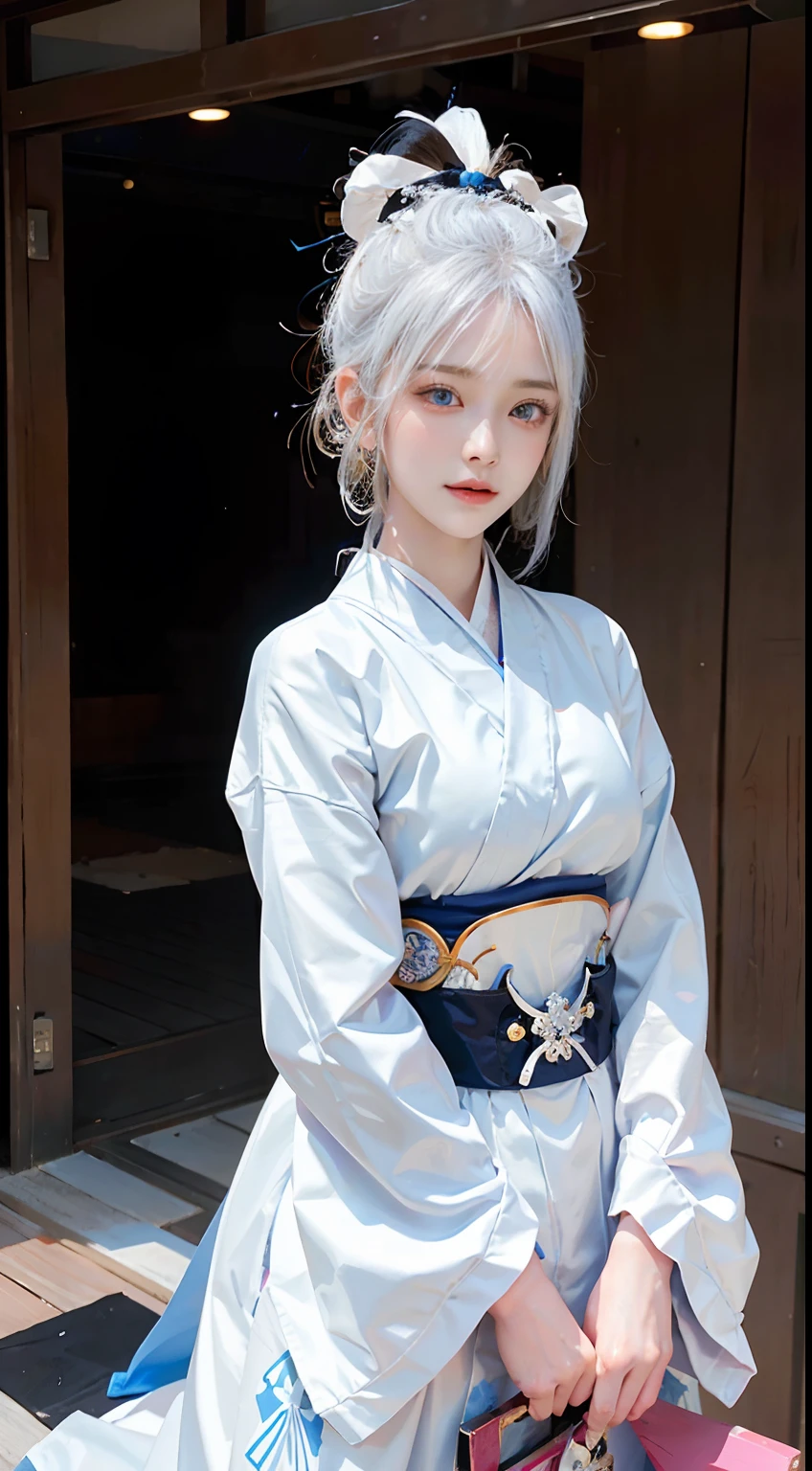 Transcendent beautiful girl with white hair and blue eyes、Stand dressed as a Japan samurai。Her white hair flutters in the wind、Blue eyes have a sharp gaze。She wears a traditional samurai costume.、A bright kimono and helmet accentuate its majesty.。The helmet is decorated with silver ornaments.、I have a sword。She has the spirit of bushido.、It expresses elegance and strength at the same time。Her presence is、Symbolizes the pride and beauty of the samurai、It makes you feel the fusion of history and modernity..。The figure wrapped in sarashi、Shows the fragility of the samurai fighting on the battlefield.。