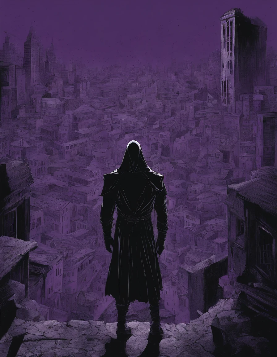 A view of a slumbering city, with shadows of characters in every corner, suggesting that everyone is experiencing these visions and transformations. The jester is in the center, dancing slowly as the camera pulls away, leaving only his shadow against the purple background.