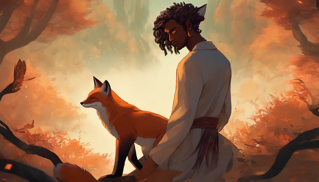 (best quality,4k,8k,highres,masterpiece:1.2),ultra-detailed,(realistic,photorealistic,photo-realistic:1.37),(((brown skin man))) with fox ears,beautiful detailed eyes,detailed fox ears,intense gaze,wild and mysterious aura,vibrant sunset background,natural and warm lighting,painterly representation,fine brush strokes,expressive facial features,sharp focus,soft and flowing hair,fantastical atmosphere,mythical creature fusion,ethereal color palette,unearthly beauty,fascinating story in the eyes,enchanted forest ambiance,fox-like agility,strength and grace combined,enchanted flora and fauna,powerful yet gentle presence,dynamic pose,unexpected encounters,seamless integration between human and animal traits,unique and captivating,spiritual connection with nature,otherworldly experience,harmony between man and nature