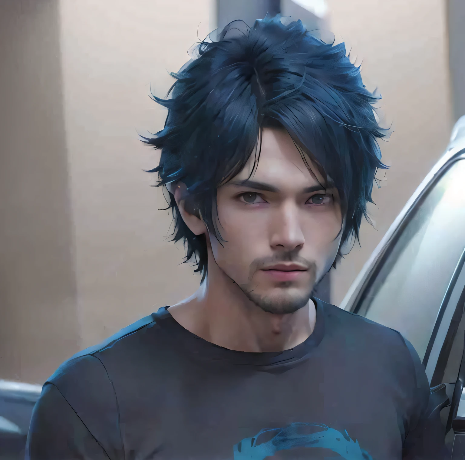 Foto RAW 8K, fotorrealista, film grain noise, soft cinematic light, Luz de llanta, Mirando al espectador, Hiqcgbody, Foco, Estilo Tom BagshawUn, Hombre con el pelo azul de pie junto a un coche, inspirado por Adam Dario Keel, estilo anime", Anime hombre guapo, por Adam Dario Keel, Estilo Ross Tran, Estilo anime masculino, con el mismo peinado, Fukaya Yuichiro, con cabello largo y oscuro, handsome japanese demon boy, Su cabello es desordenado y salvaje, Sebastian Luca, Joven hombre de anime