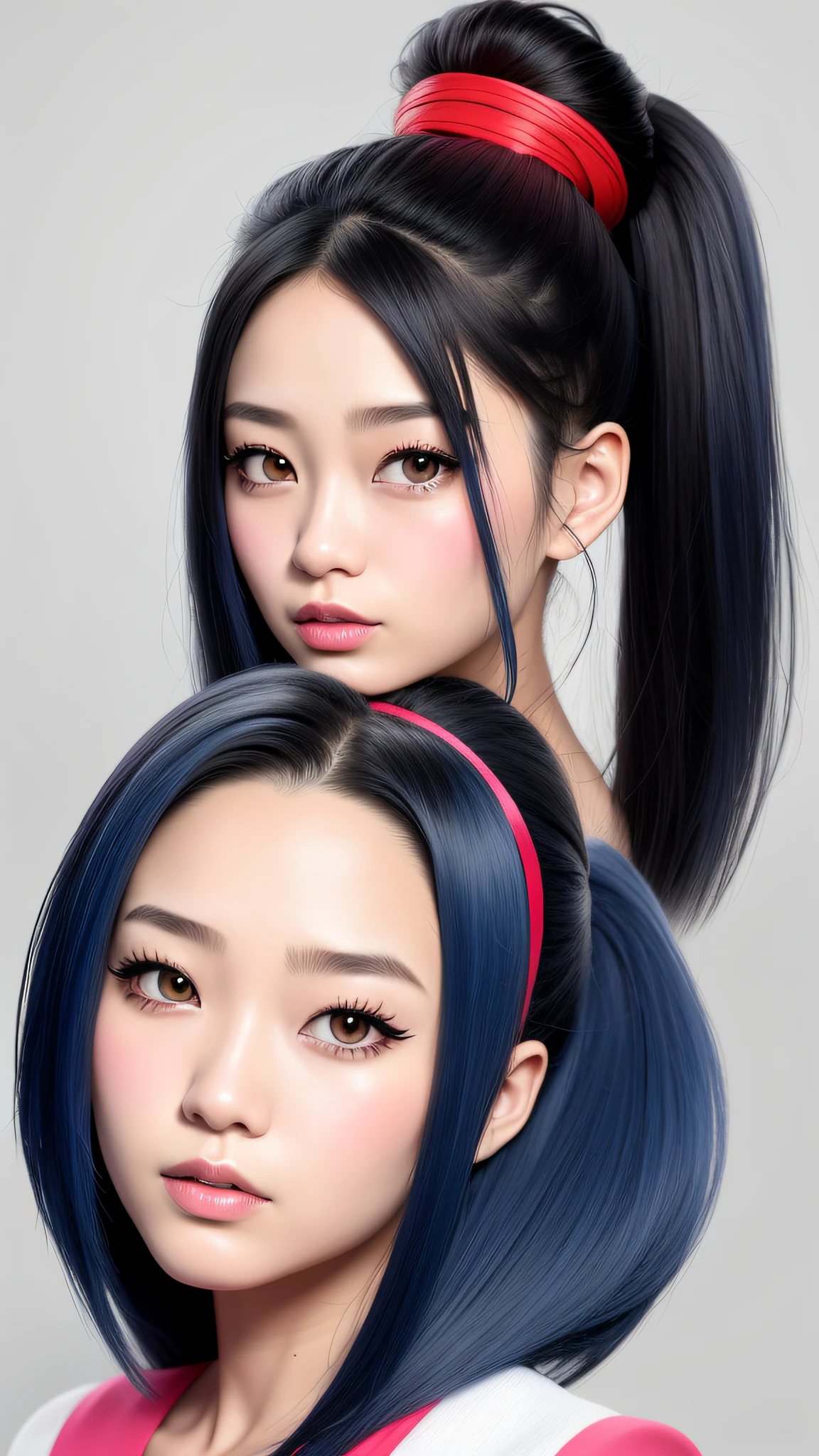 Hairstyles: Shapely, A high ponytail adds an element of sophistication and style, Super pretty 18 year old Korean girl, happy face, Cartoon style with blue makeup and black red mouth color sex illustration, cartoon art style , cartoon art style, digital illustration style, highly detailed character design, cute detailed digital art, cute digital illustration, high quality portrait, comic art, Asia, character design portrait, rough line sketch style,