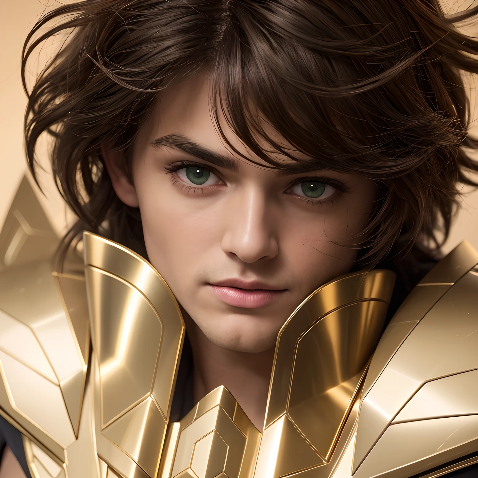 cinemactic, incrivelmente detalhado e ultrarrealista, Sagitairus aiolos de Saint Seiya. Close up. He's wearing pretty realistic golden armor. Armadura dourada brilhante. Octane is the perfect tool to capture the softest details of this 16k photography masterpiece. He is a handsome white man about 40 years old. 1homen. beautiful face. Rosto detalhado. Nariz bonito. (Olhos verdes muito grandes). olhos perfeitos. ((depilado)). ele tem cabelos castanhos. cabelos curtos com franja. messy hair. Bandana vermelha. masculine traits. Olhar terno.