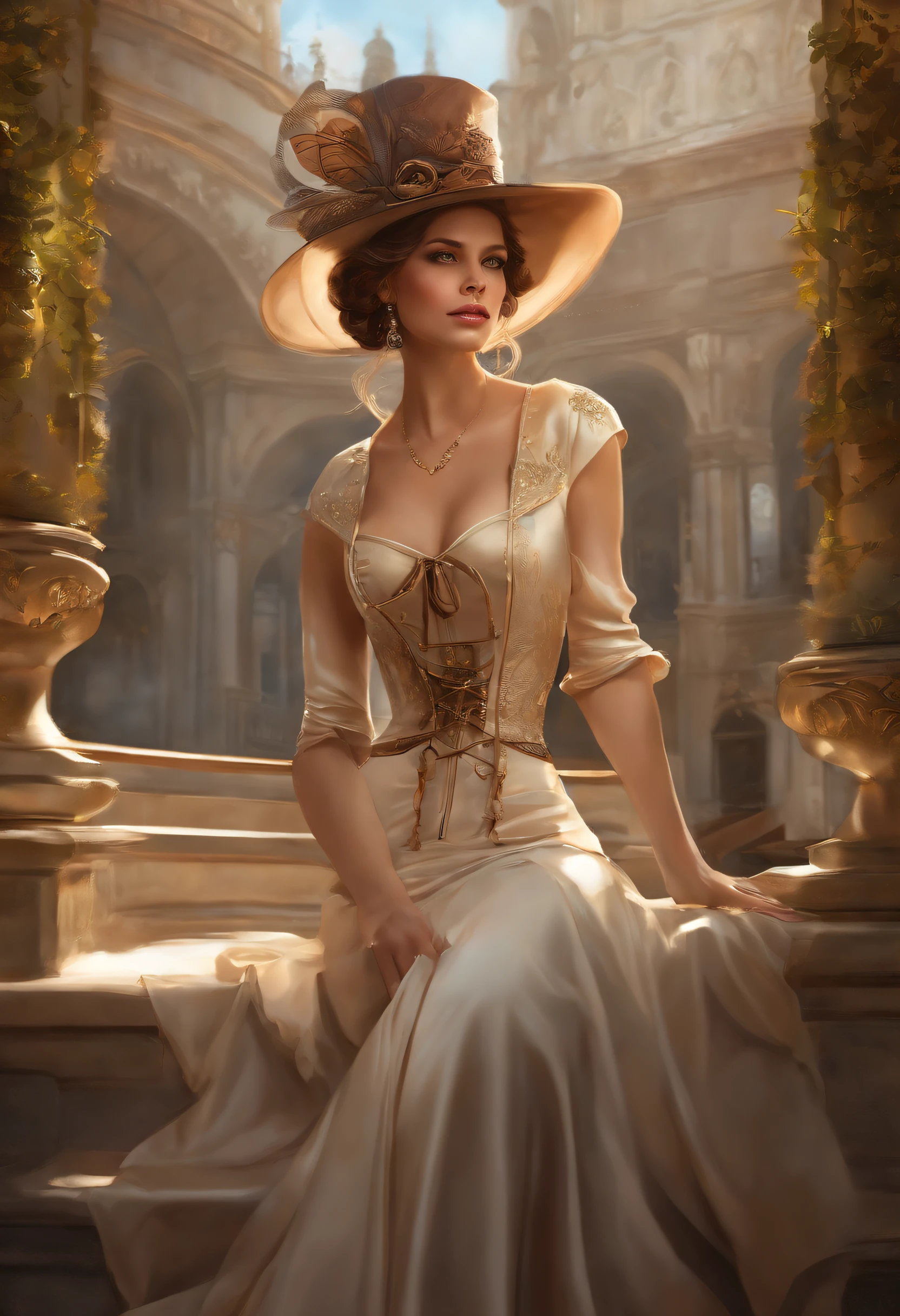 photo of (( )), wearing elegant dress steampunk items, modern day in Paris , intricate, elegant, highly detailed, digital painting, artstation, concept art, smooth, sharp focus, illu0.8ation, art by artgerm and greg rutkowski and alphonse mucha