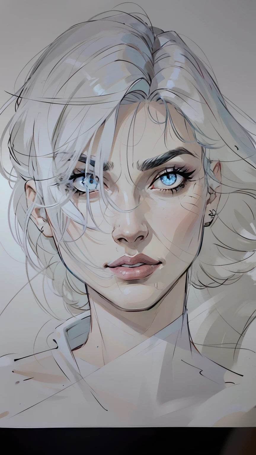 Cavaleira de prata, mulher ,cabelos curtos,cabelos loiros curtos e ondulados,detailed facial features,Fierce eyes with bright blue irises,Black-out lighting,cicatriz da sobrancelha.